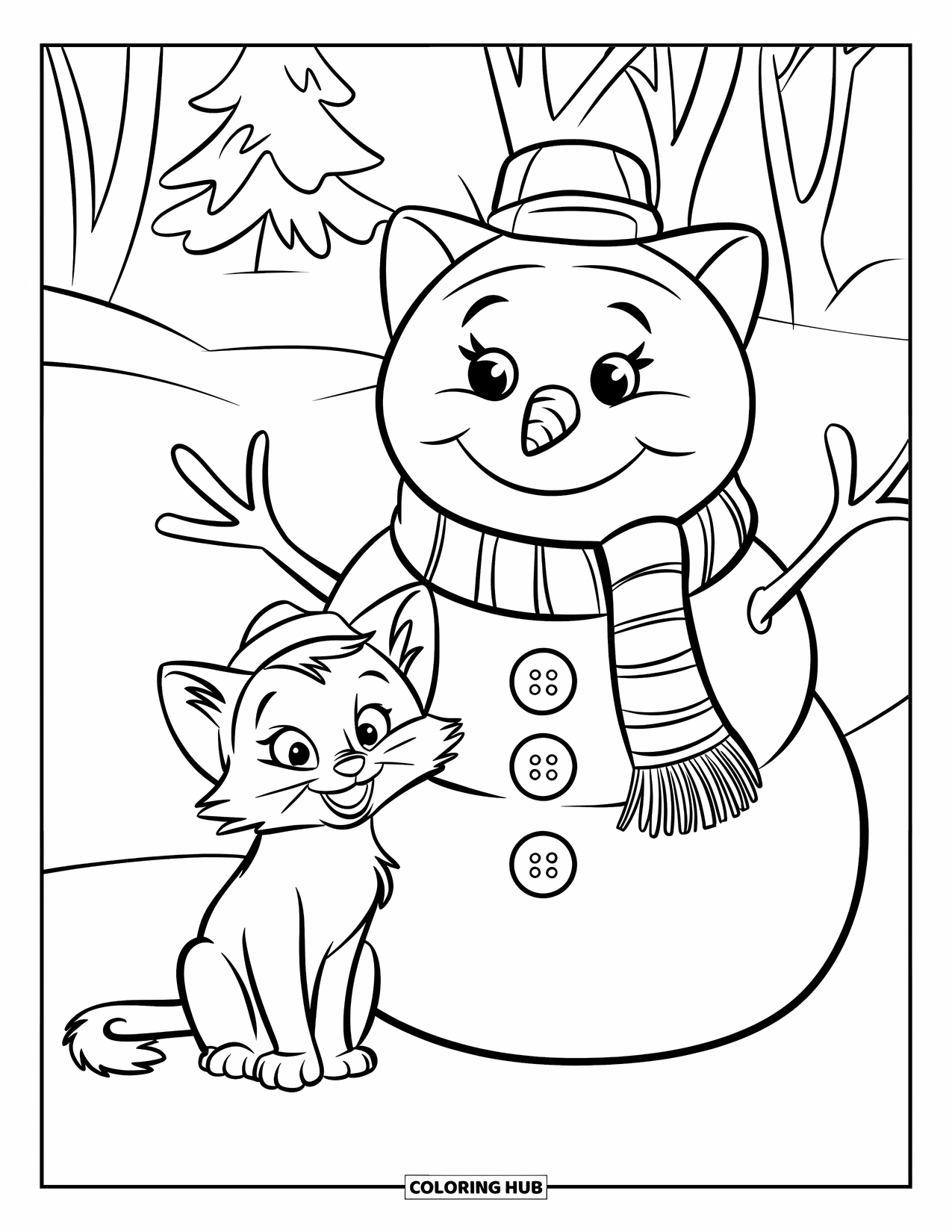 Christmas Kitten Coloring Page for Kids: A kitten smiles beside a snowman wearing a scarf and buttons