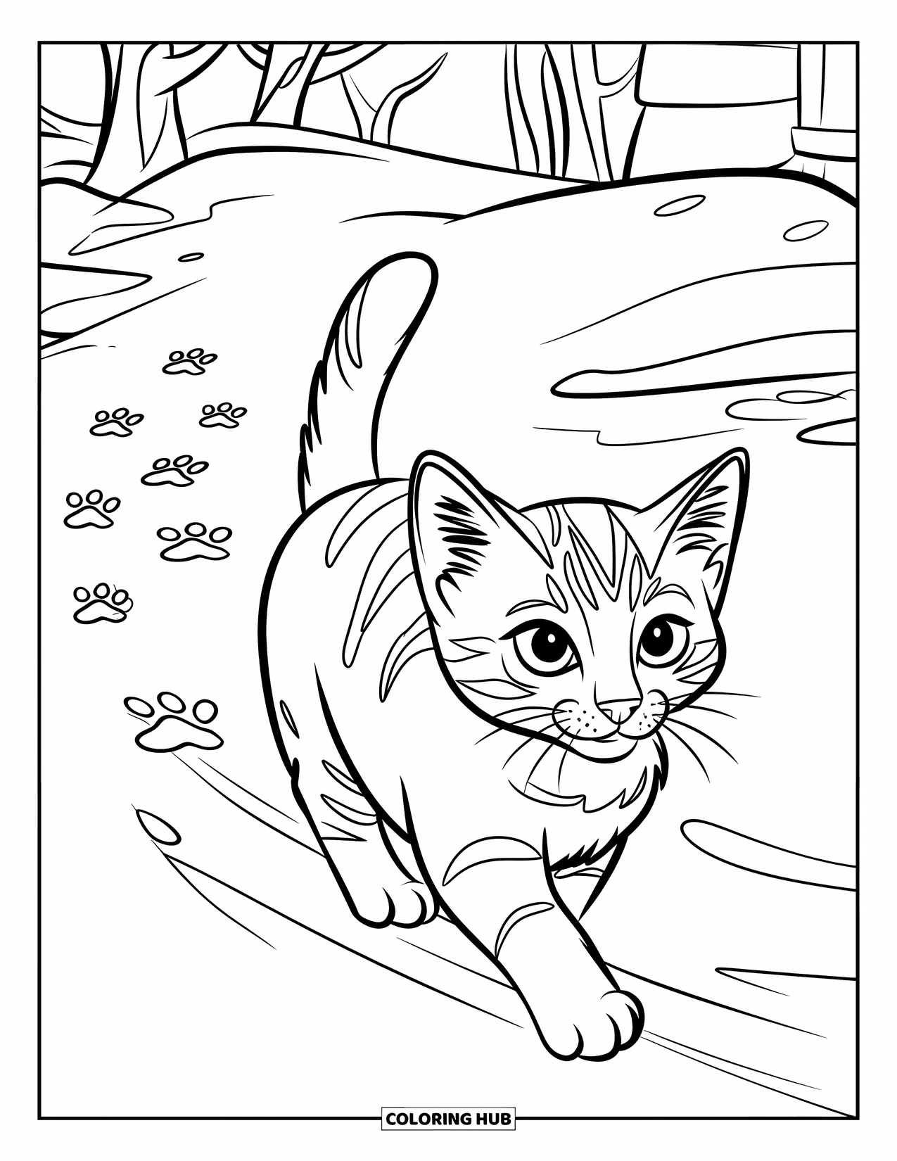 Christmas Kitten Coloring Page for Kids: A kitten walks across fresh snow leaving tiny paw prints