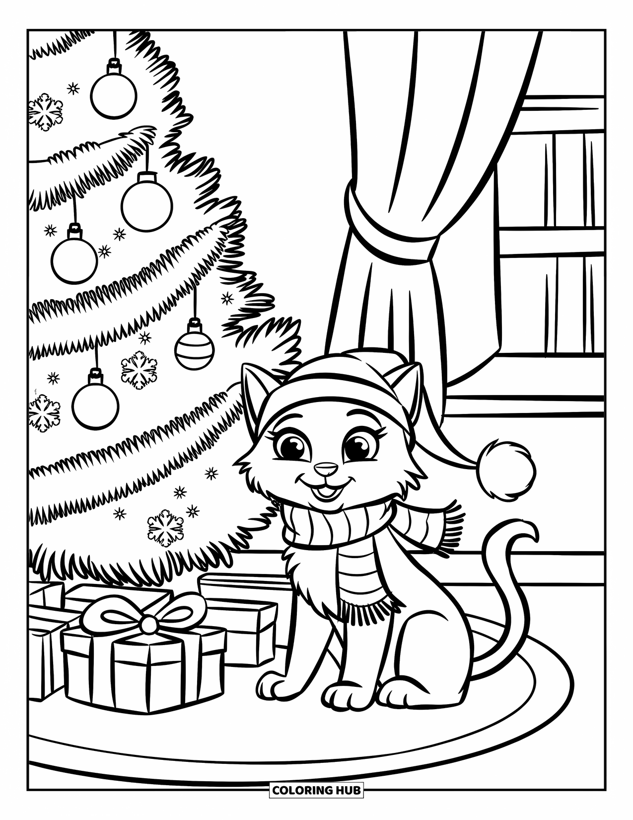 Christmas Kitten Coloring Page for Kids: A kitten wearing a scarf stares at a bright Christmas tree