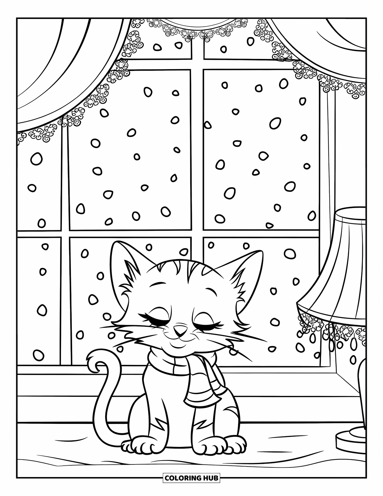 Christmas Kitten Coloring Page for Kids: A kitten wearing a scarf watches snow fall from a window seat