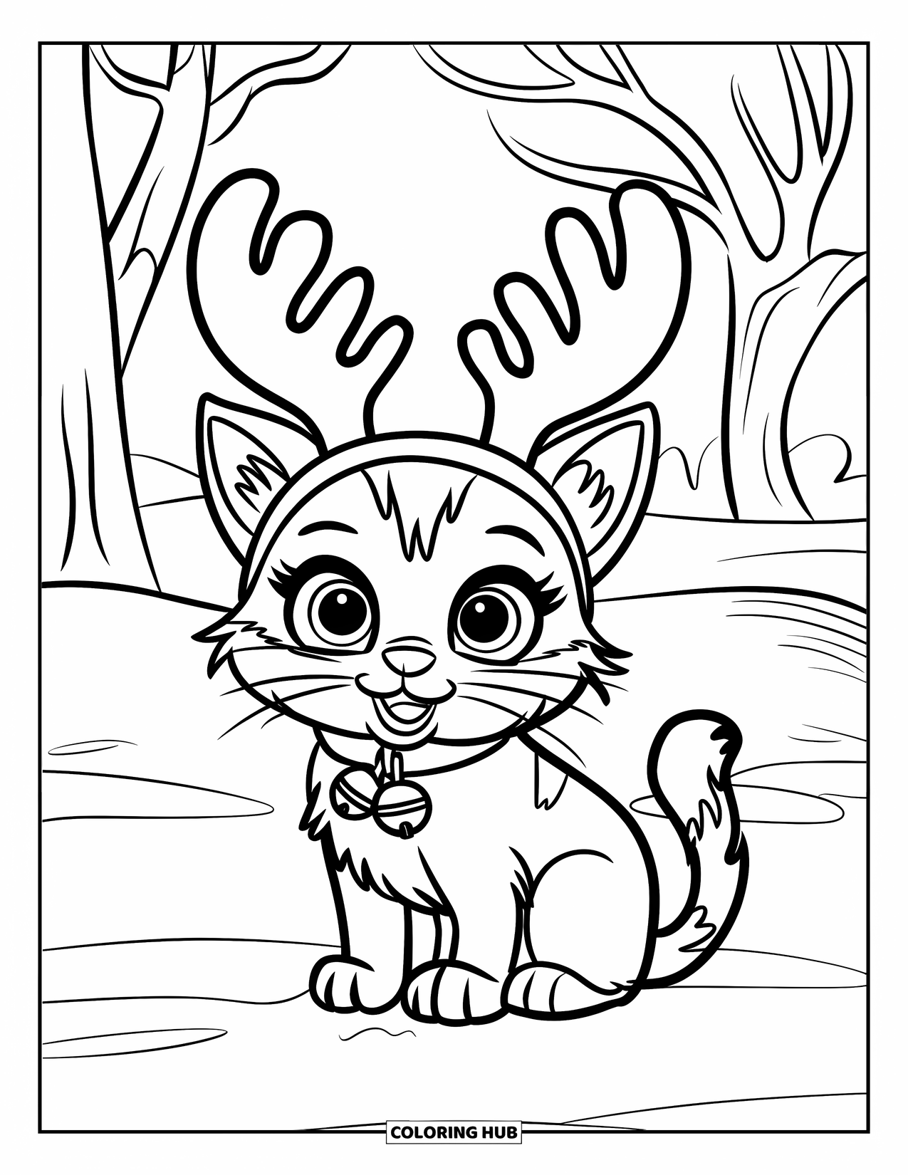 Christmas Kitten Coloring Page for Kids: A kitten wears reindeer antlers and a jingling bell collar