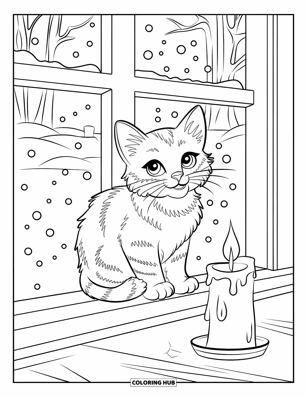 Christmas Kitten Coloring Page for Kids: A peaceful kitten watches snow through a window's soft light