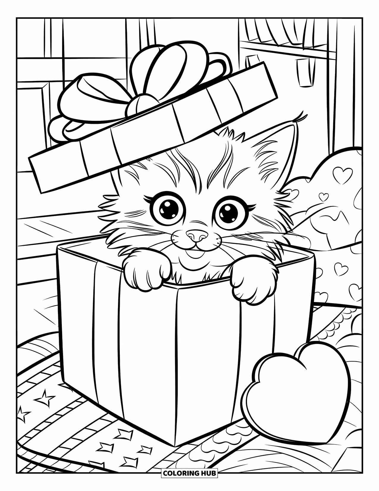 Christmas Kitten Coloring Page for Kids: A playful kitten pops out of a gift box near a soft pillow