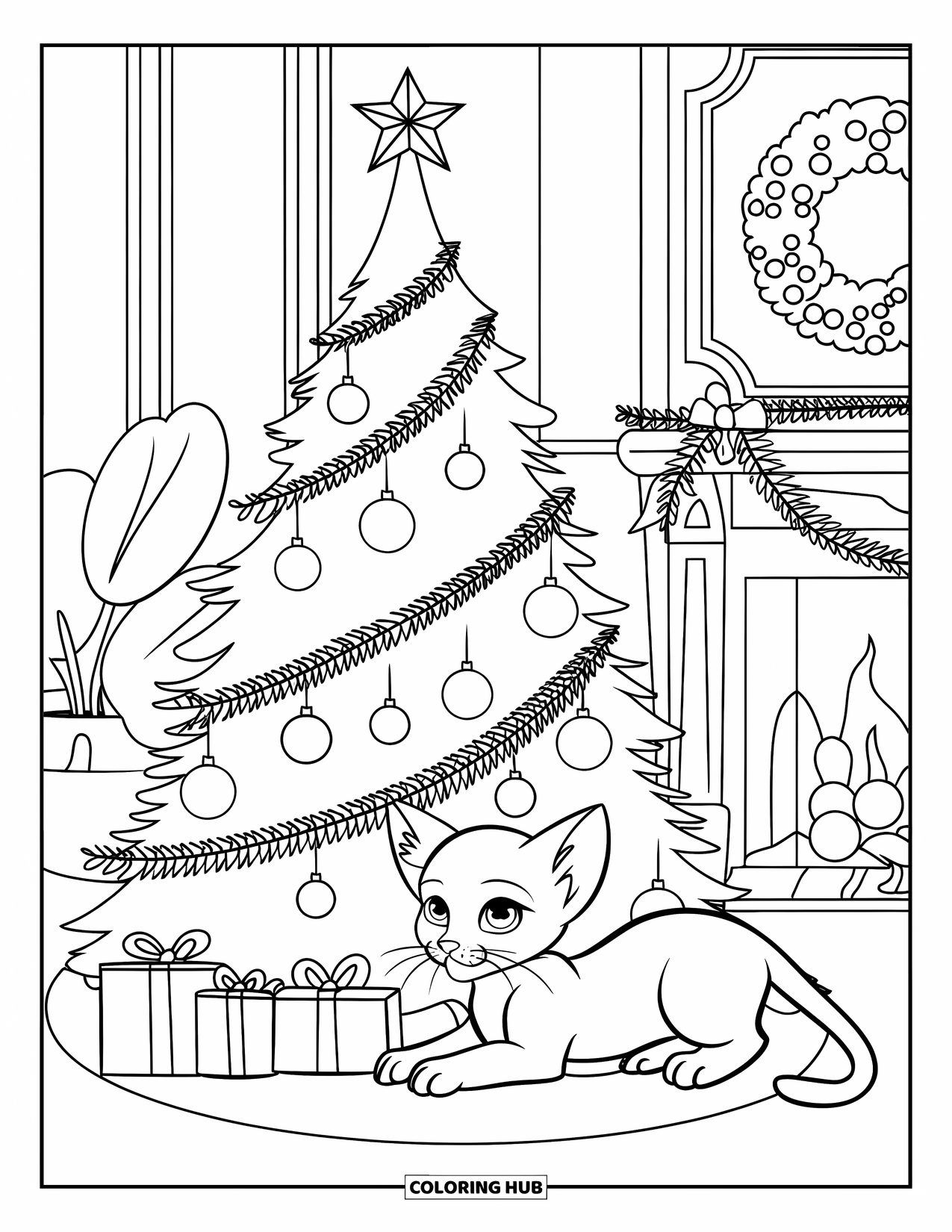 Christmas Kitten Coloring Page for Kids: A sleepy kitten curls by a glowing tree in a cozy room