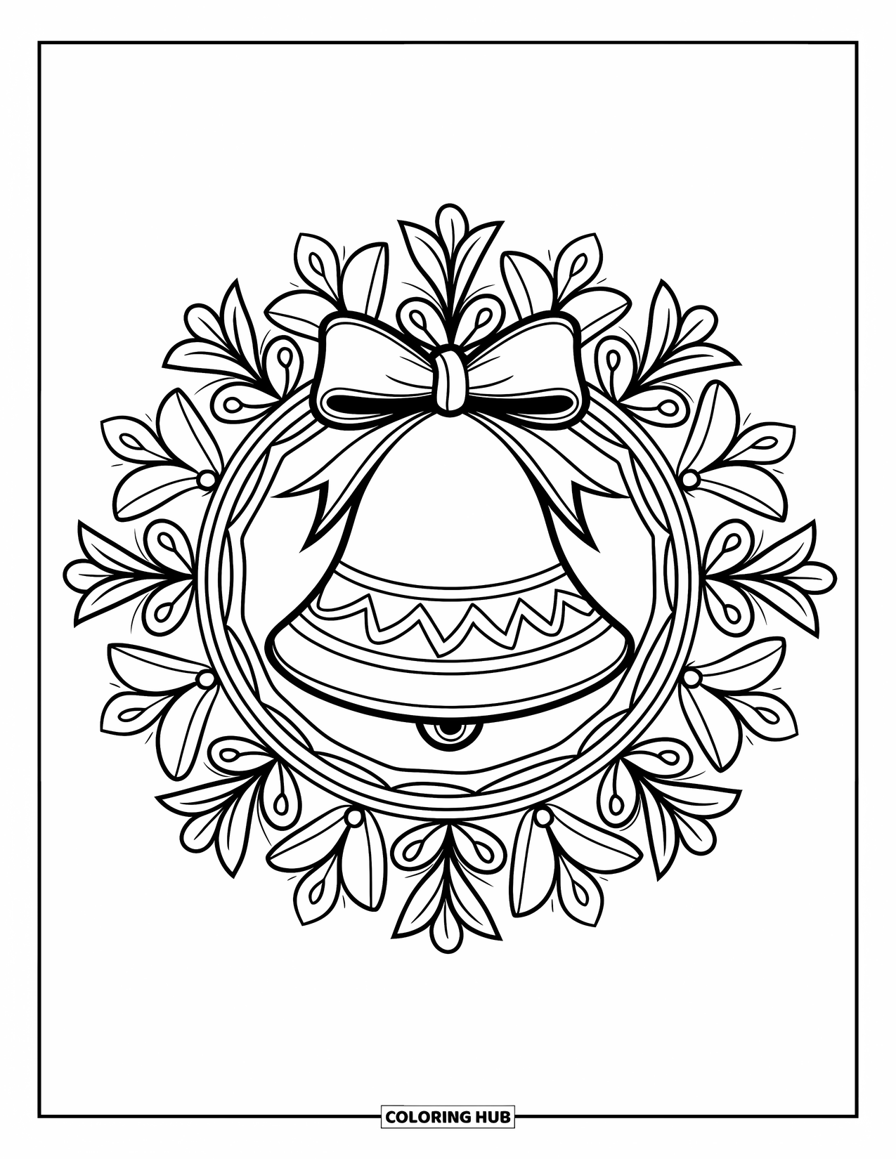 Christmas Ornaments Coloring Page for Adults: A bell ornament tied with a ribbon inside a floral mandala