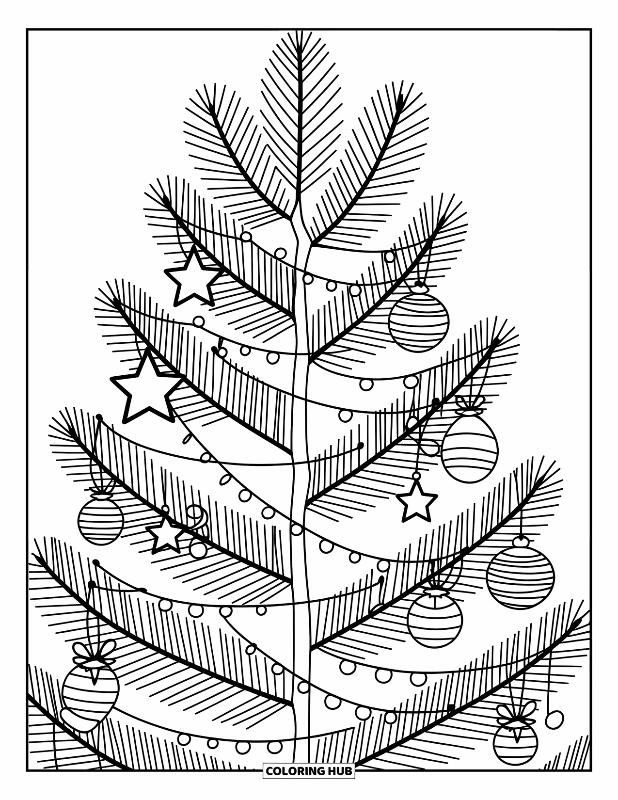 Christmas Ornaments Coloring Page for Adults: A Christmas tree with hearts, stars, and ribbons