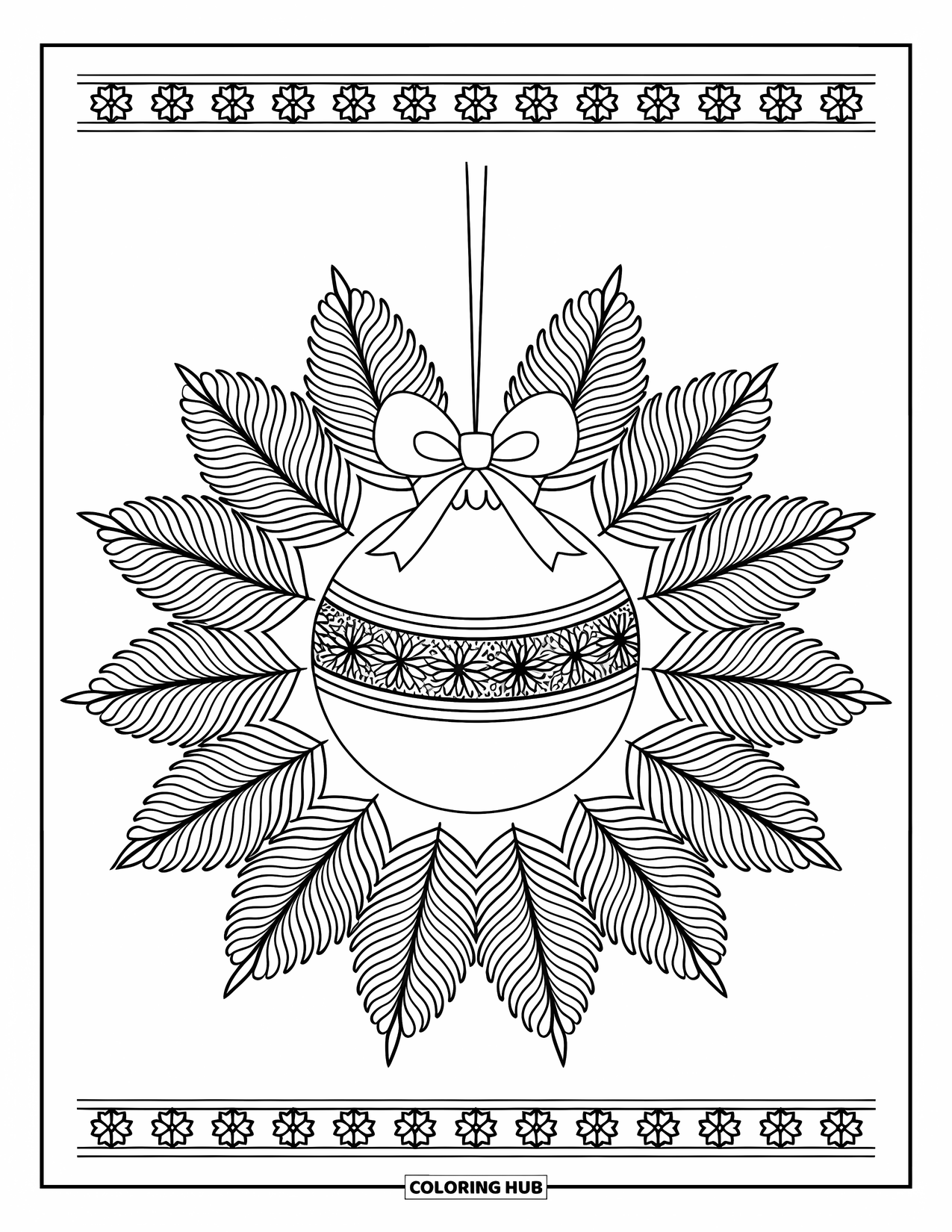 Christmas Ornaments Coloring Page for Adults: A circular ornament with patterned pine leaves and a border
