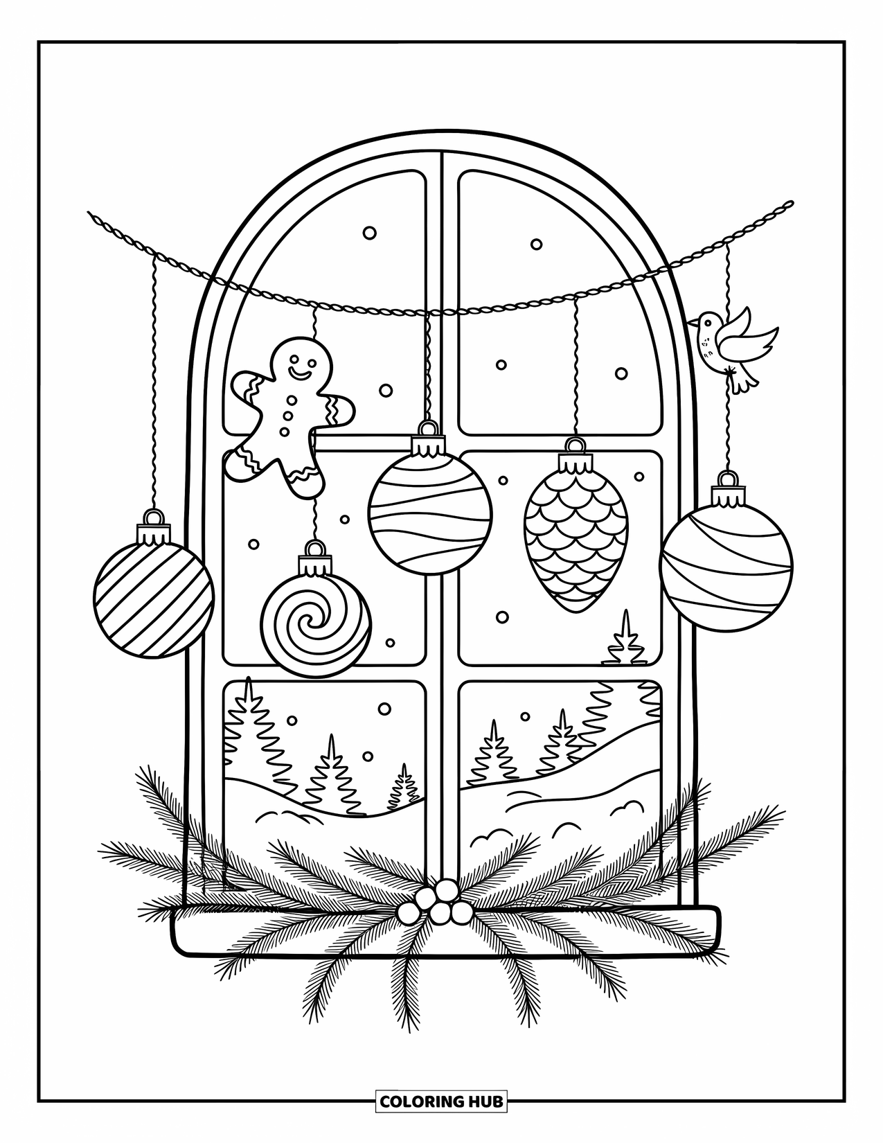 Christmas Ornaments Coloring Page for Adults: A frosted window with ornaments and mistletoe on the sill