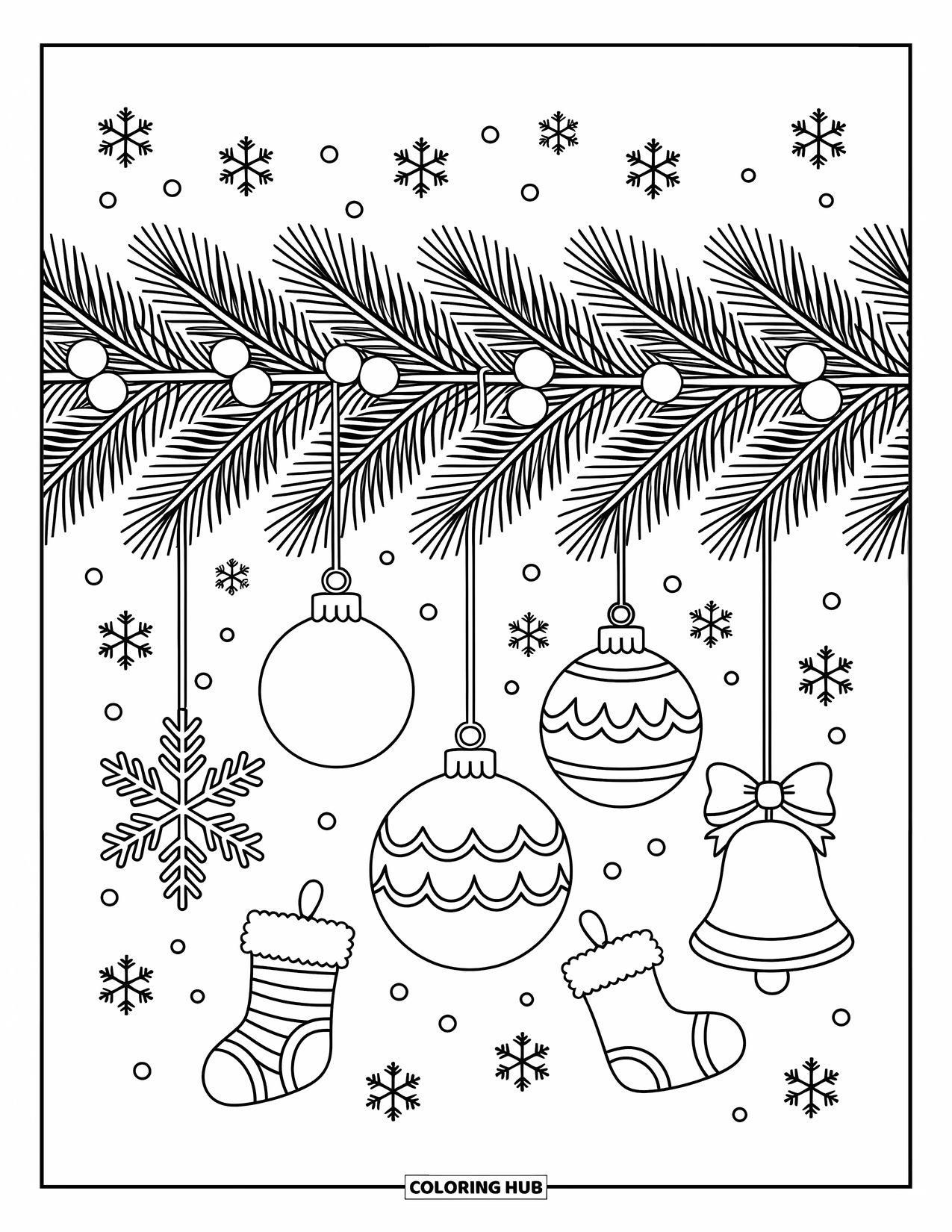 Christmas Ornaments Coloring Page for Adults: A garland with ornaments, pine needles, and snowflakes