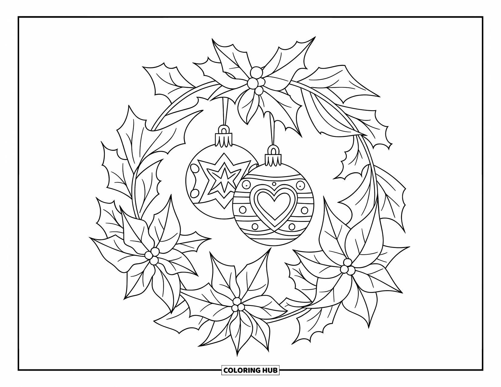Christmas Ornaments Coloring Page for Adults: A holly wreath holding two intricate Christmas ornaments