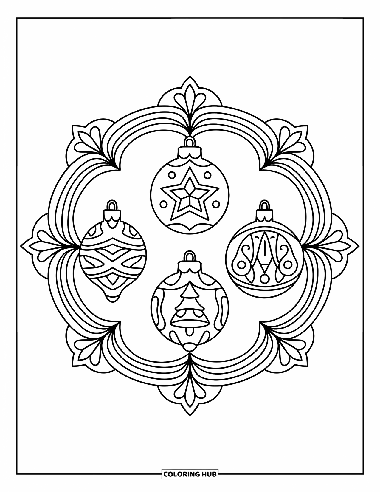 Christmas Ornaments Coloring Page for Adults: A mandala featuring ornaments shaped like a star, tree, and bell
