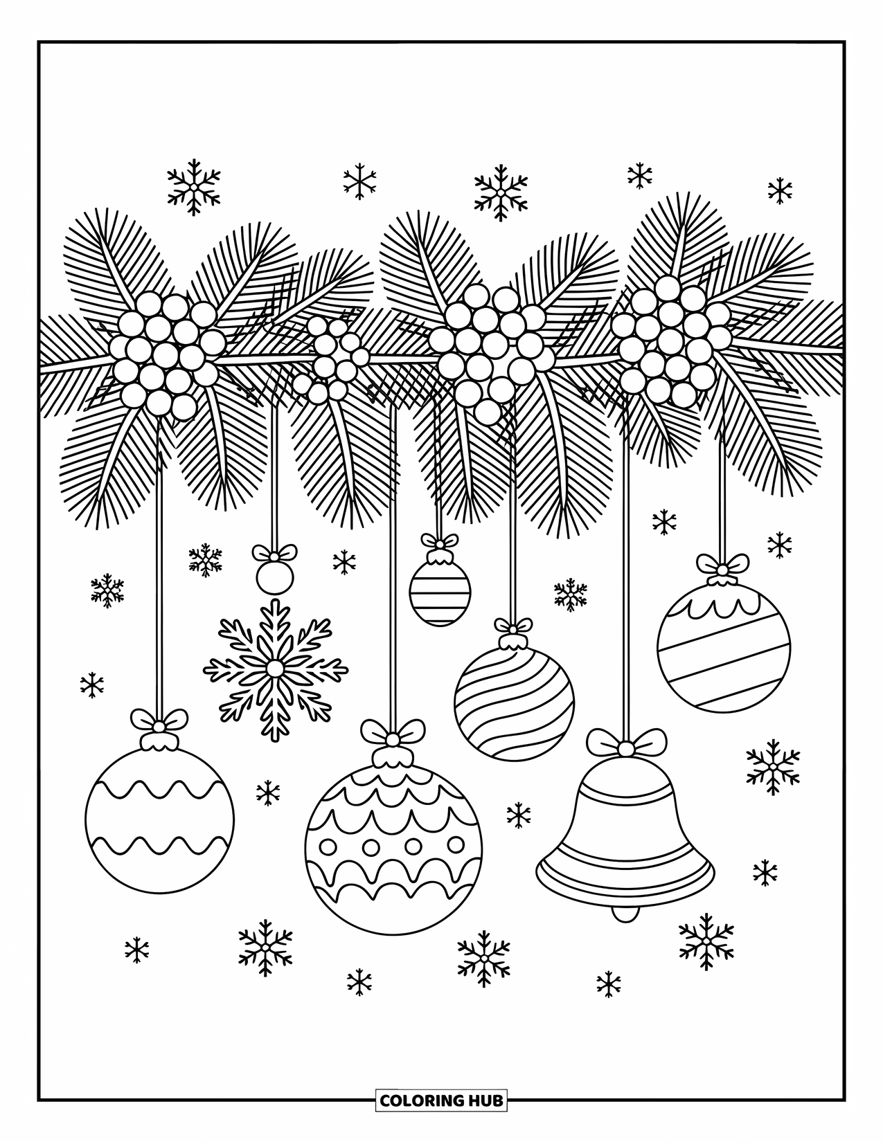 Christmas Ornaments Coloring Page for Adults: A pine garland with hanging ornaments and tiny berries