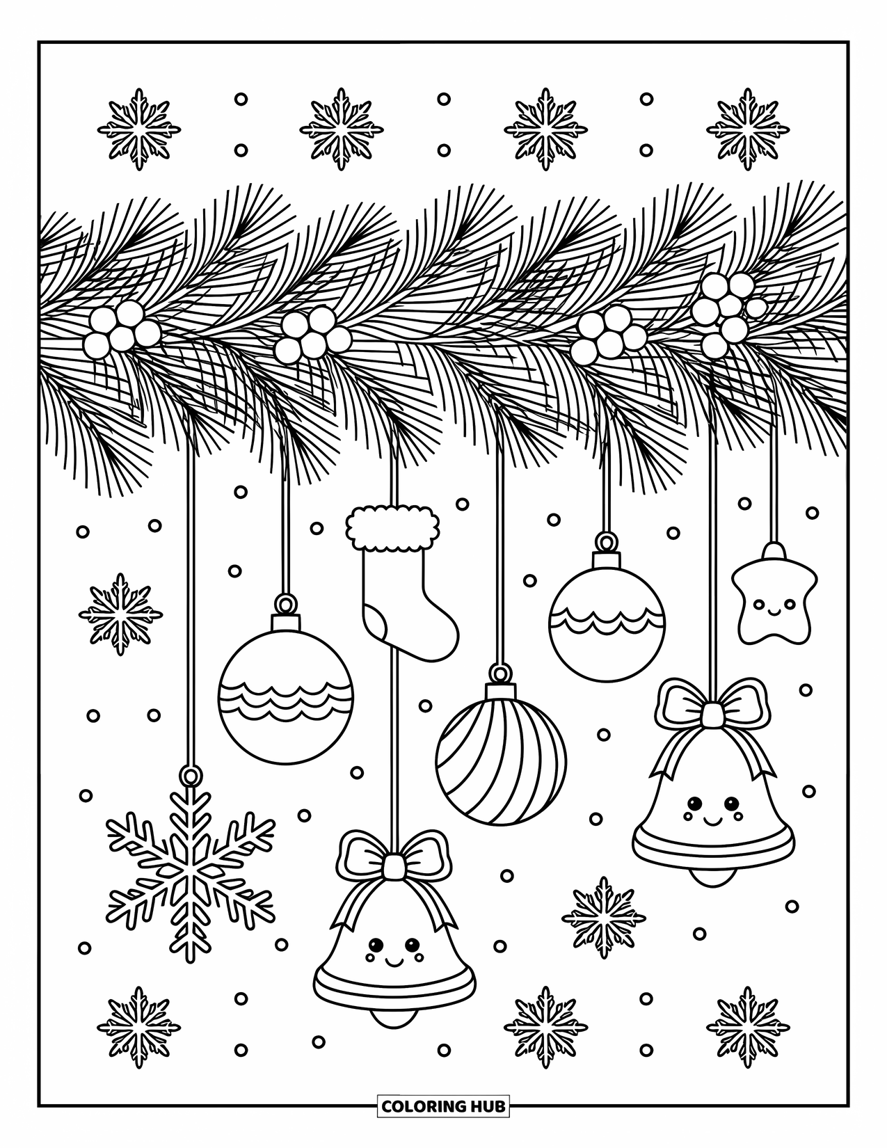 Christmas Ornaments Coloring Page for Adults: A pine garland with ornaments and soft snowflake patterns