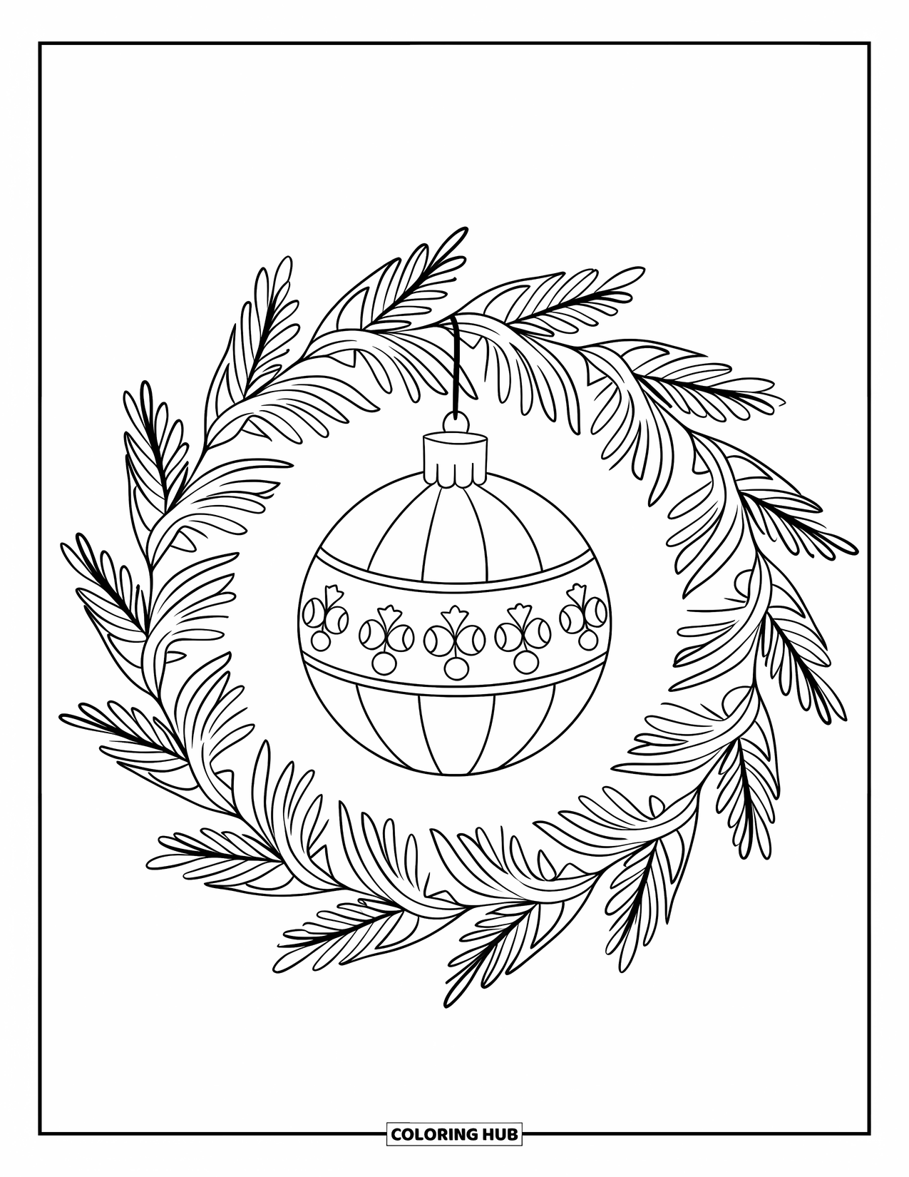 Christmas Ornaments Coloring Page for Adults: A round ornament framed by pine leaves in a mandala style