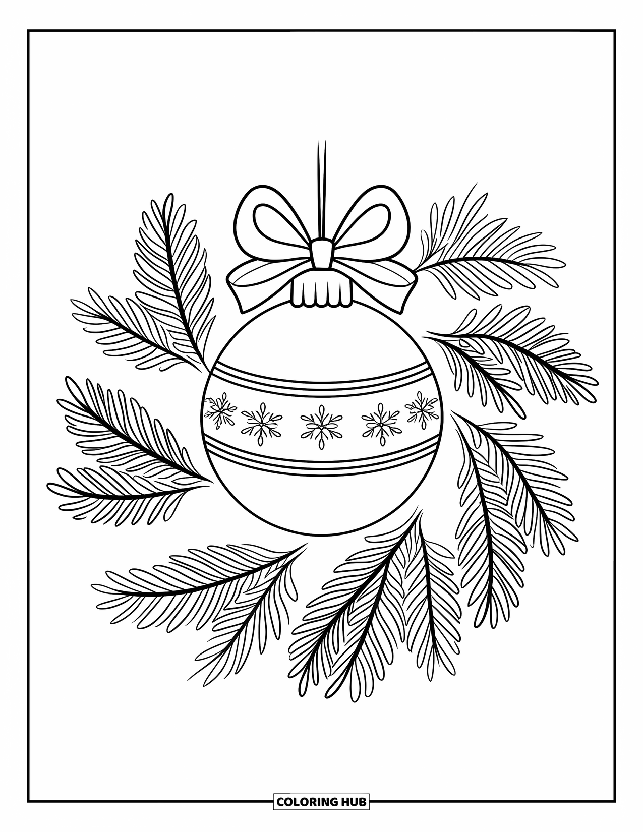 Christmas Ornaments Coloring Page for Adults: A round ornament with a bow surrounded by pine mandala leaves