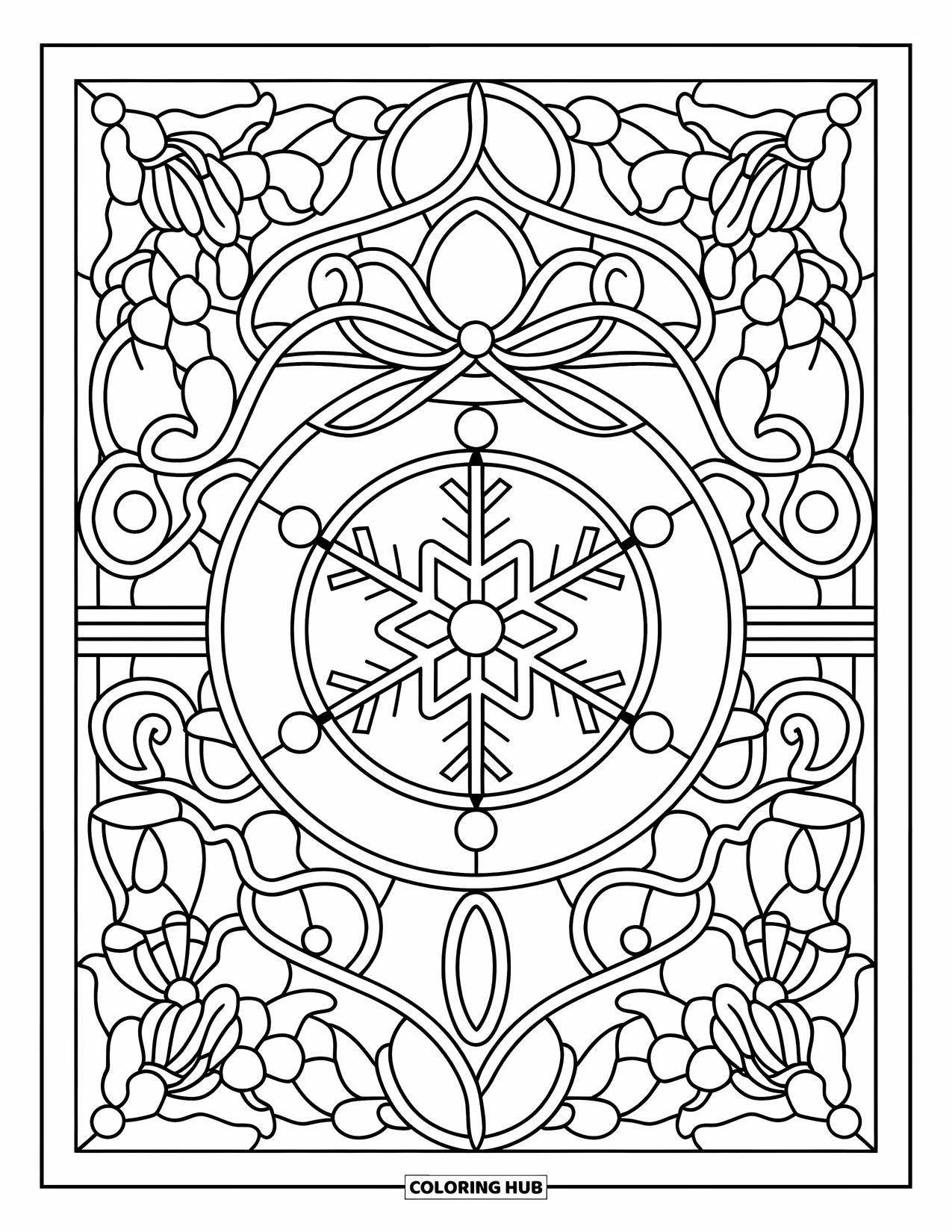 Christmas Ornaments Coloring Page for Adults: A snowflake ornament in a stained glass design with floral details
