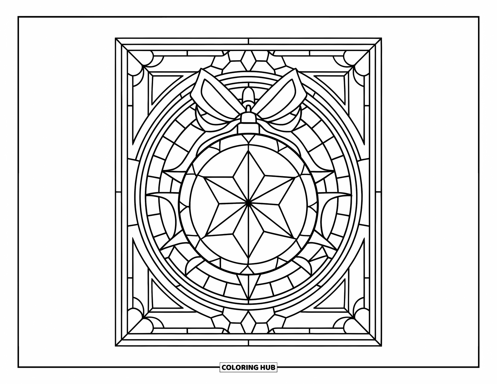Christmas Ornaments Coloring Page for Adults: A star ornament with a ribbon inside a stained glass frame