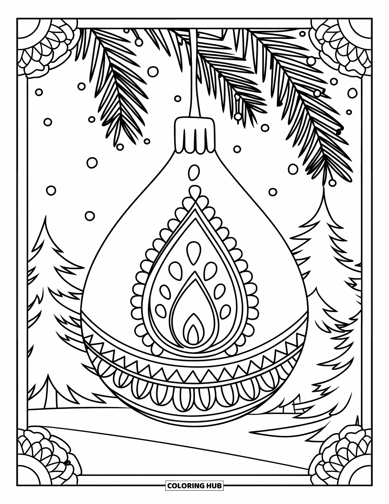 Christmas Ornaments Coloring Page for Adults: A teardrop ornament with paisley details and a snowy background
