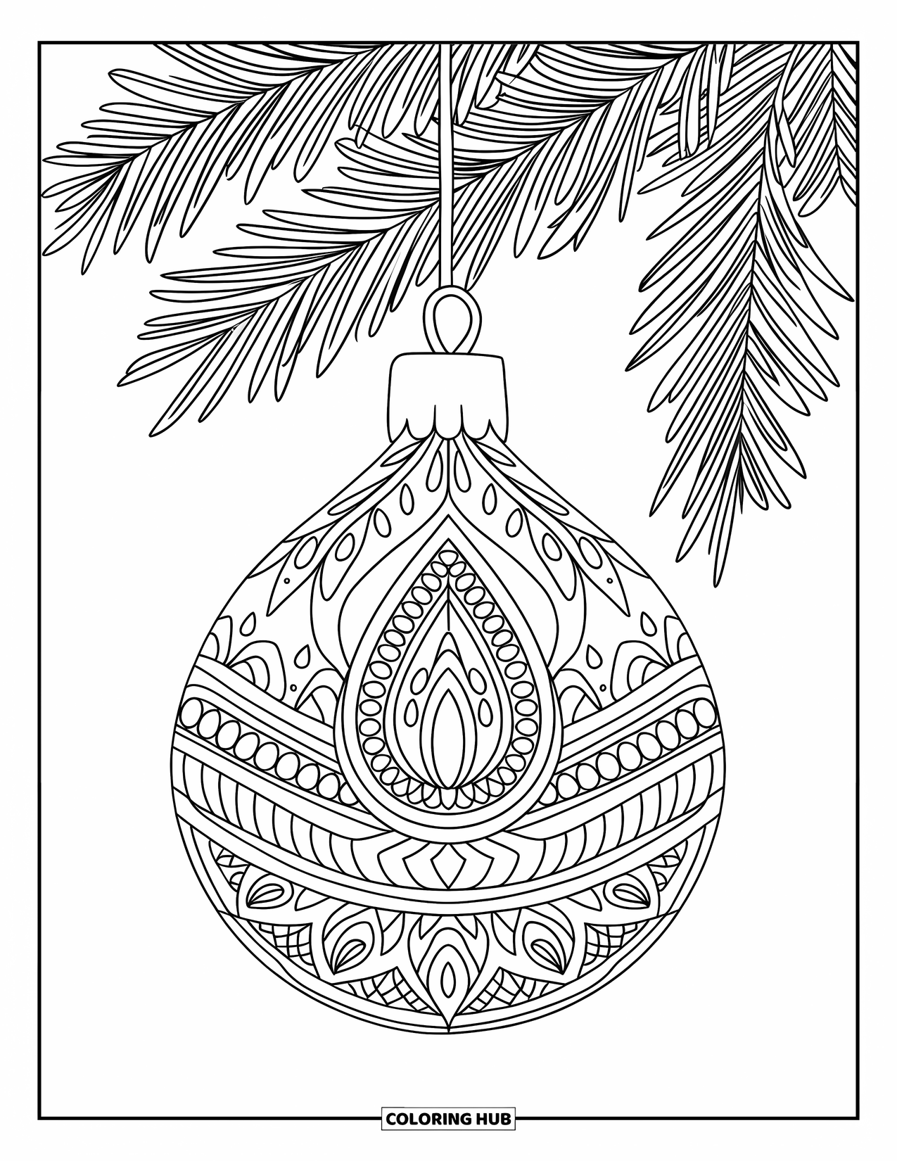 Christmas Ornaments Coloring Page for Adults: A teardrop ornament with paisley patterns in a mandala setting