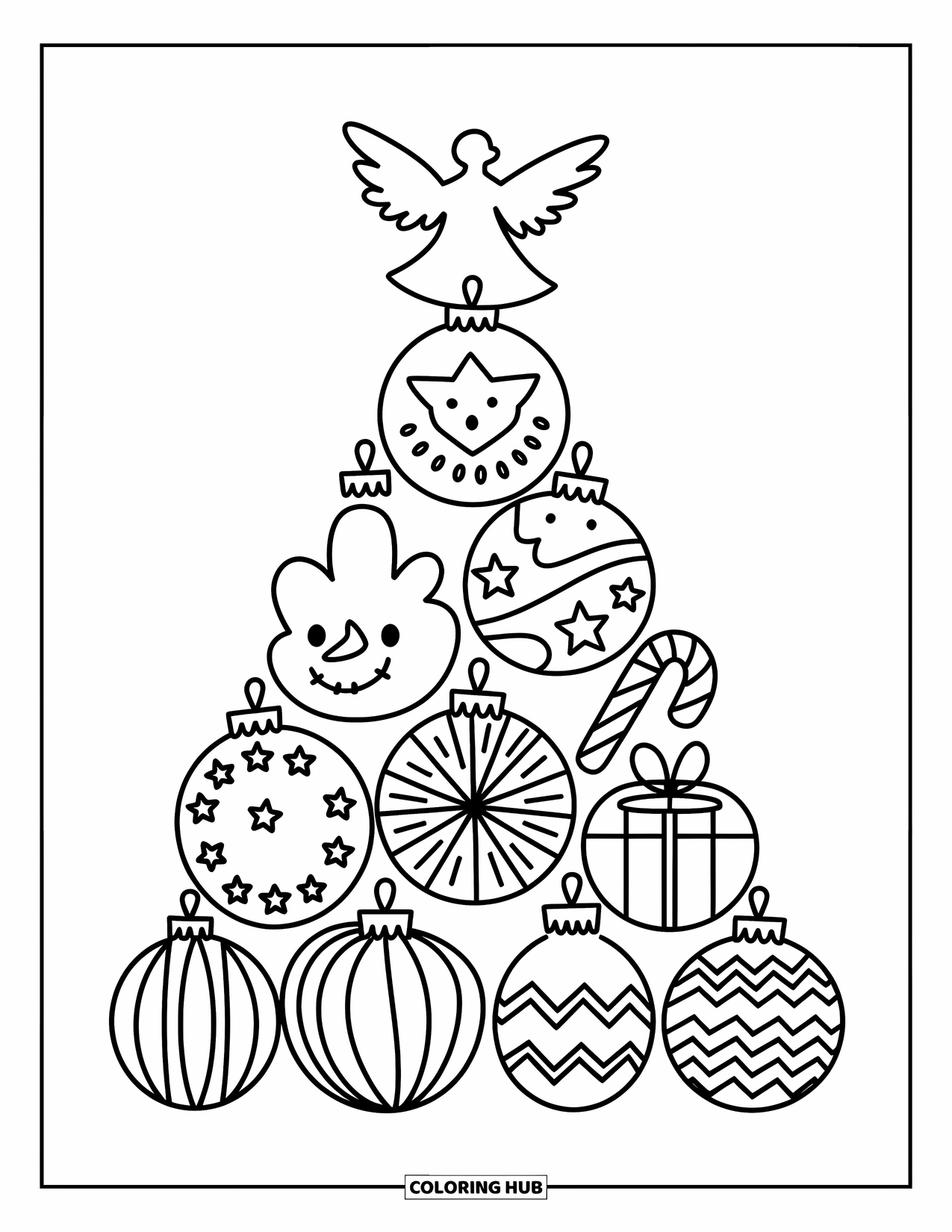Christmas Ornaments Coloring Page for Adults: A tree of ornaments with an angel at the top