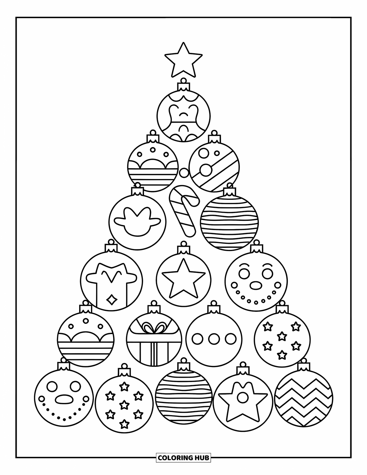 Christmas Ornaments Coloring Page for Adults: A tree-shaped design made of cute ornaments and an angel topper
