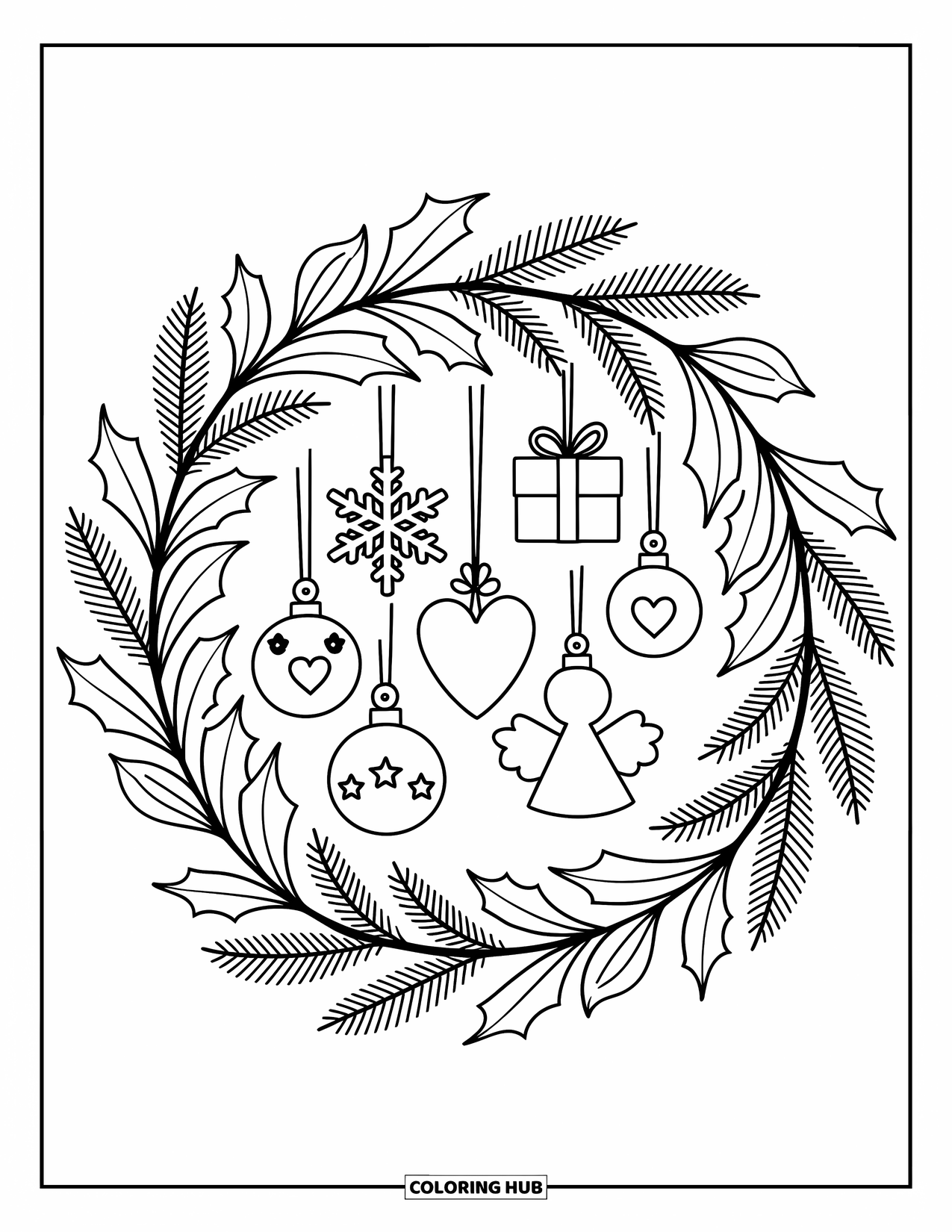 Christmas Ornaments Coloring Page for Adults: A wreath filled with holly and tiny ornaments
