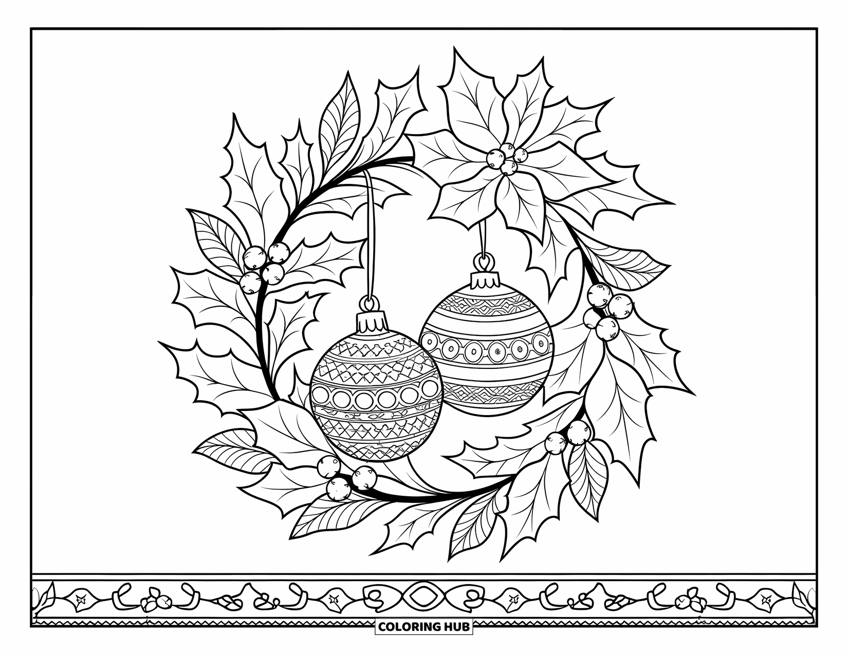 Christmas Ornaments Coloring Page for Adults: A wreath with holly, poinsettias, and detailed ornaments