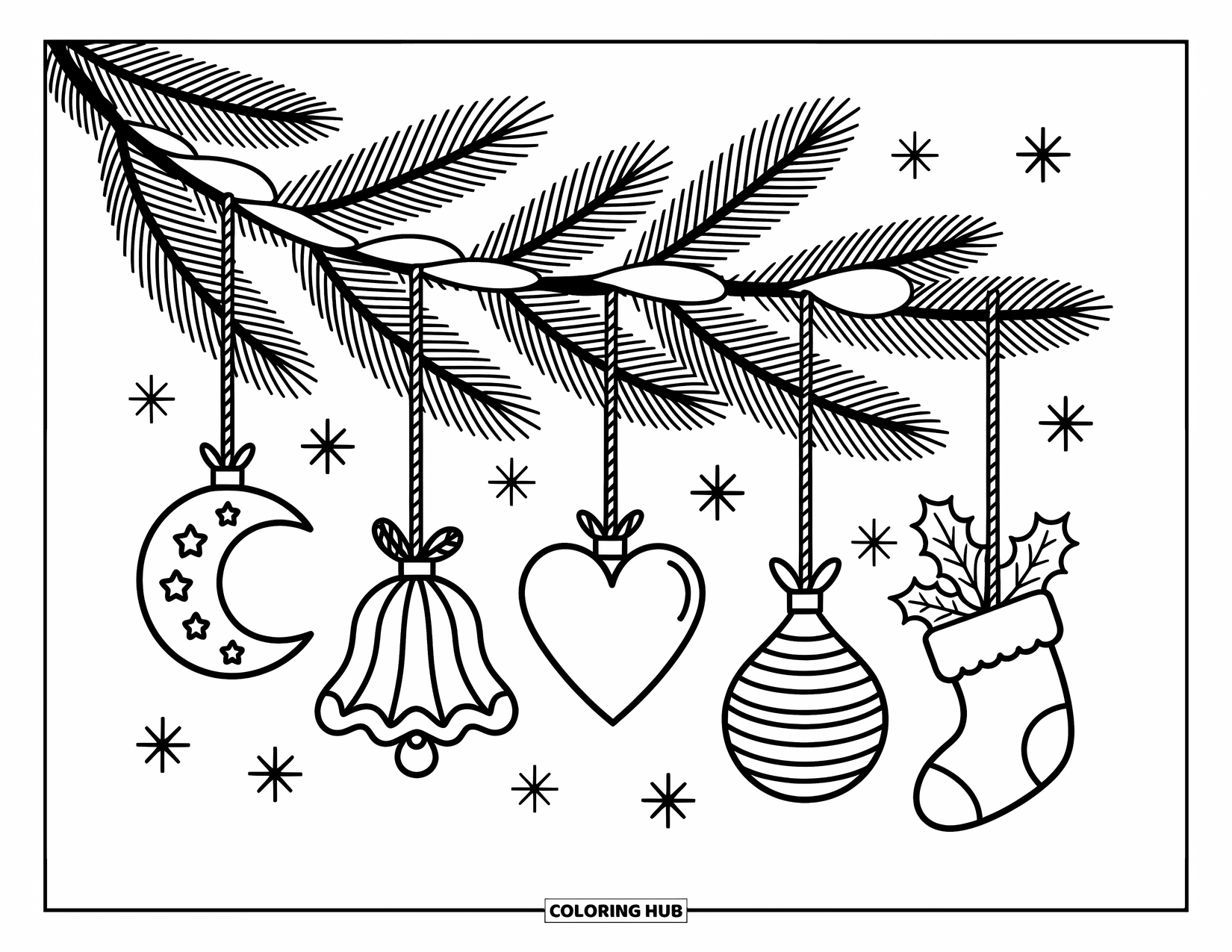 Christmas Ornaments Coloring Page for Adults: Five hanging ornaments on a pine branch