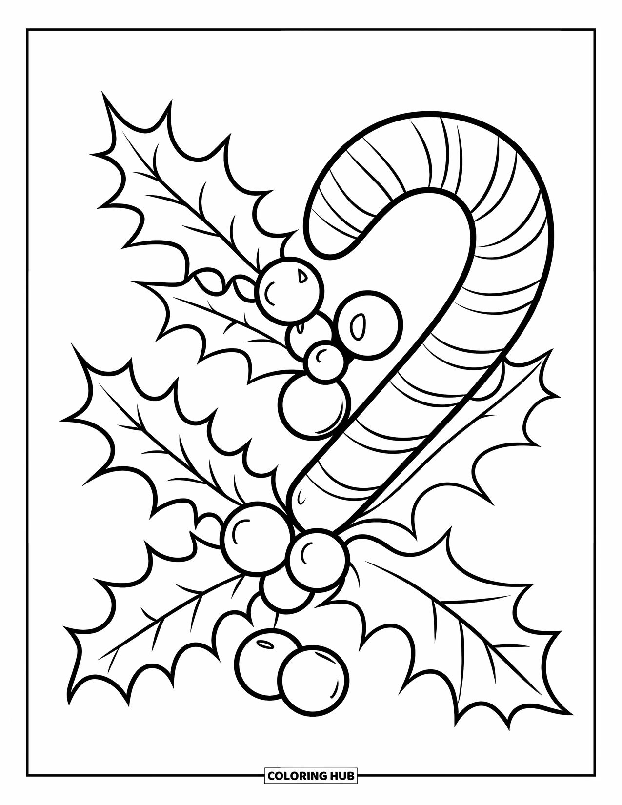 Christmas Ornaments Coloring Page for Kids: A candy cane ornament shaped like a heart with holly and beads