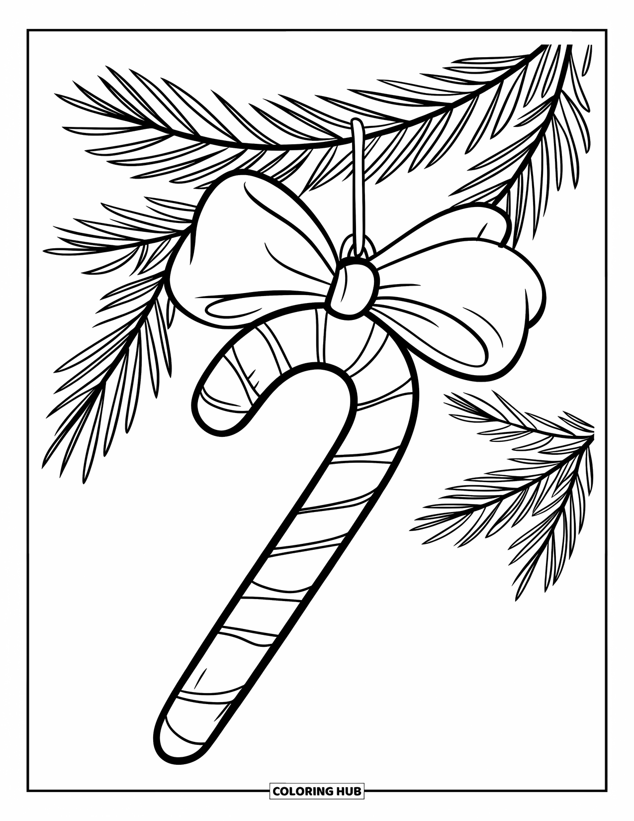 Christmas Ornaments Coloring Page for Kids: A candy cane ornament tied with a bow on a pine branch