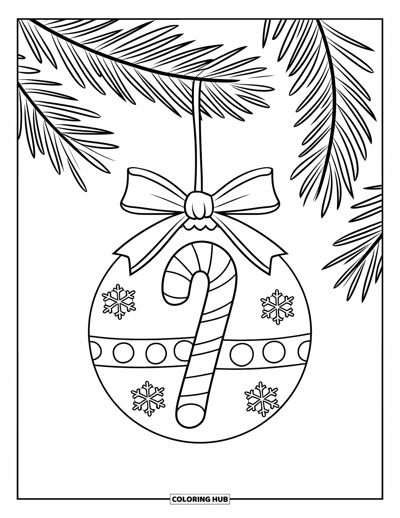 Christmas Ornaments Coloring Page for Kids: A candy cane ornament tied with a bow