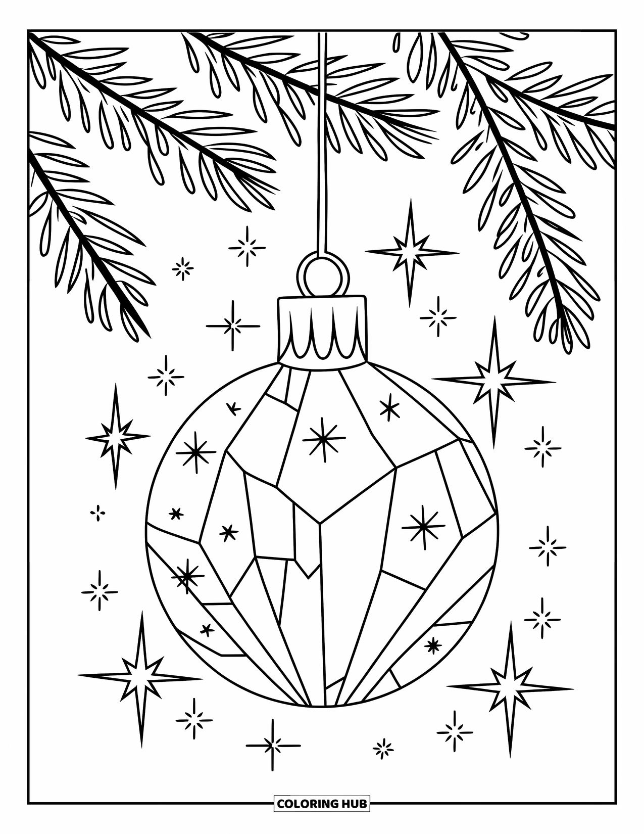 Christmas Ornaments Coloring Page for Kids: A crystal ornament surrounded by stars and sparkles