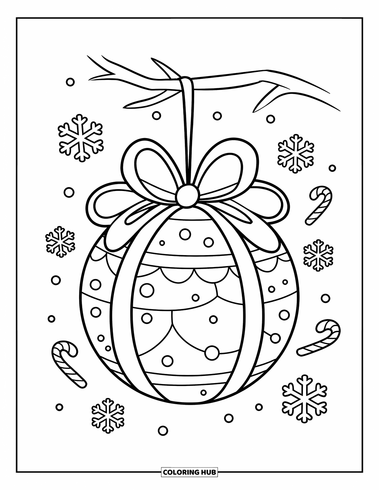 Christmas Ornaments Coloring Page for Kids: A gift box ornament with a bow, snowflakes, and candy canes