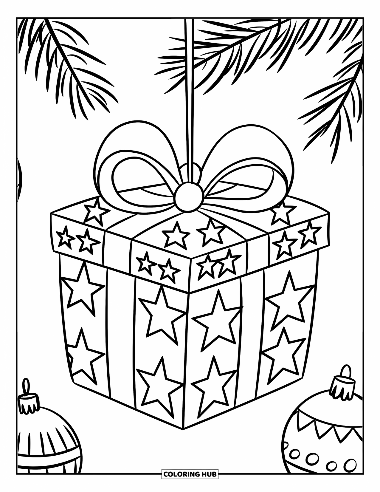 Christmas Ornaments Coloring Page for Kids: A gift box ornament with stars, bows, and nearby decorations