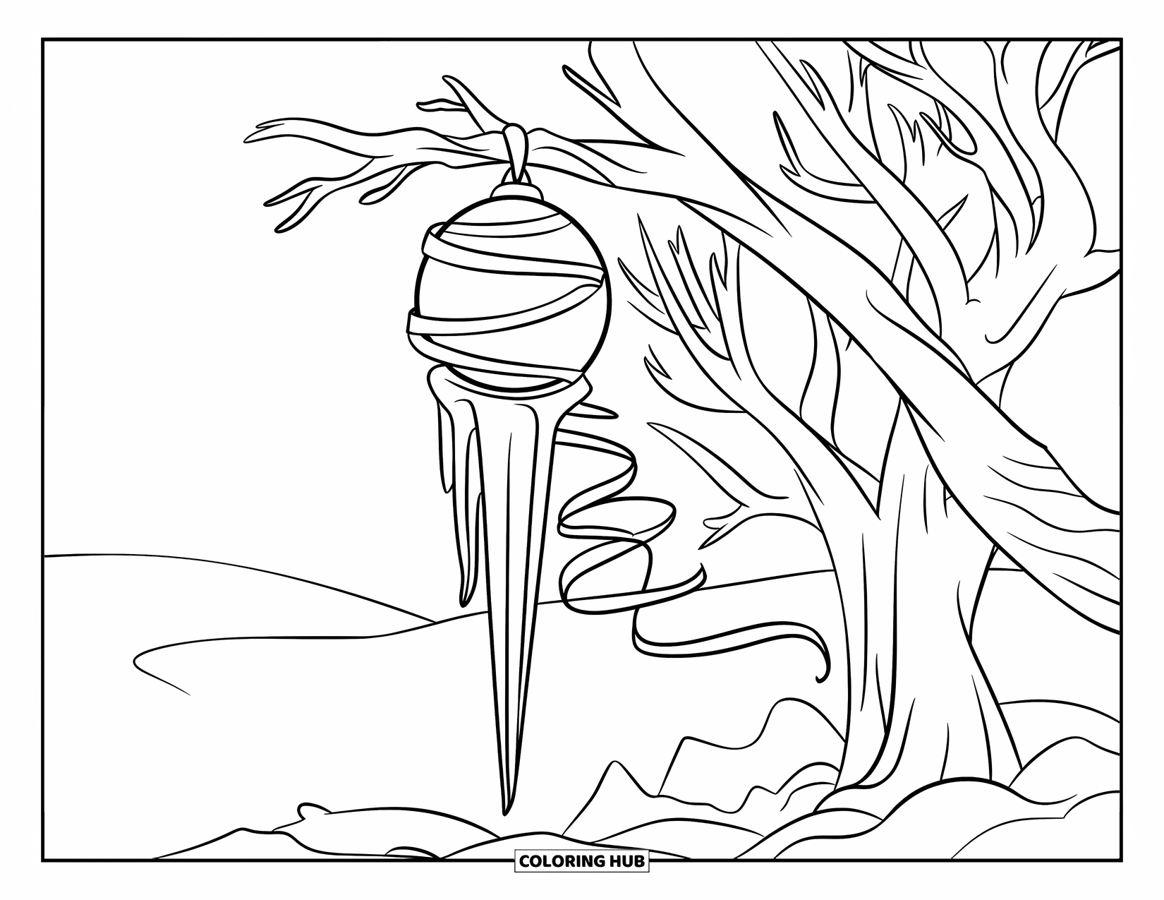 Christmas Ornaments Coloring Page for Kids: A hanging icicle ornament with a ribbon and a snowy tree in the background
