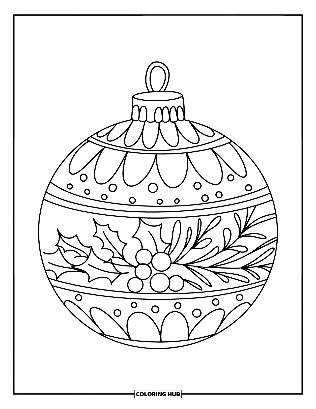 Christmas Ornaments Coloring Page for Kids: A lantern-shaped ornament with holly and pinecone decorations
