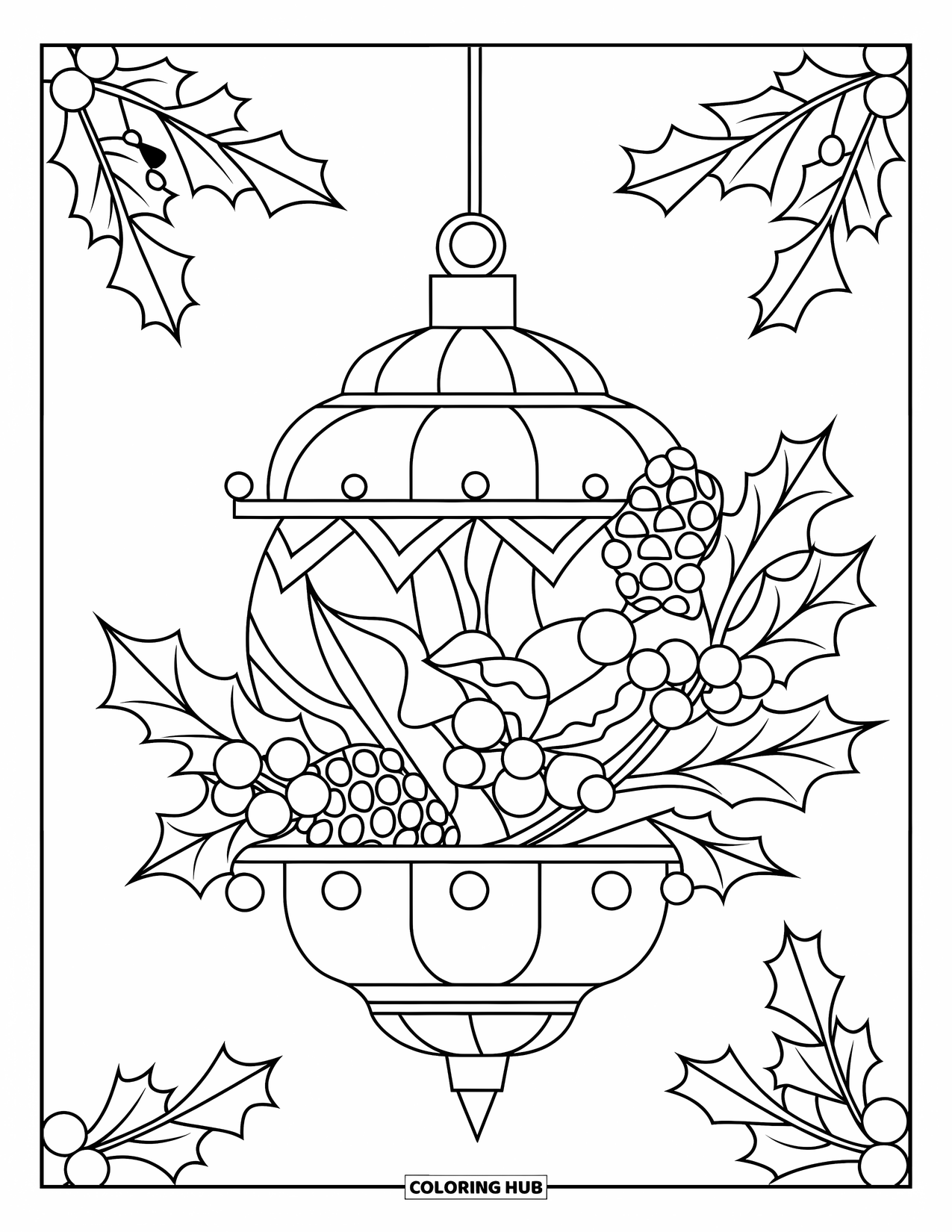 Christmas Ornaments Coloring Page for Kids: A lantern-style ornament decorated with holly and pinecones