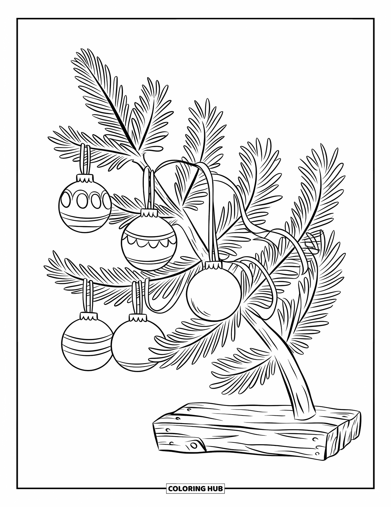 Christmas Ornaments Coloring Page for Kids: A pine branch with hanging ornaments