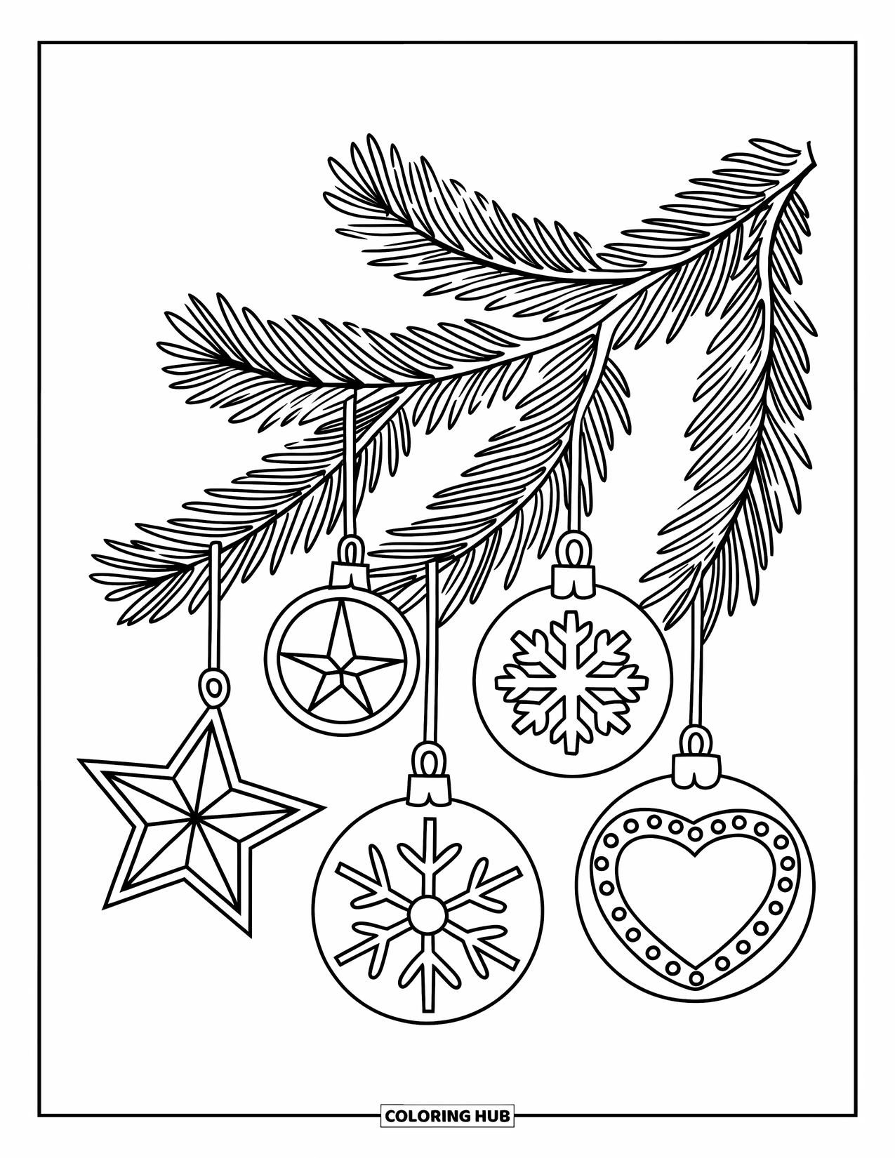 Christmas Ornaments Coloring Page for Kids: A pine branch with ornaments shaped like a star, circle, snowflake, and heart