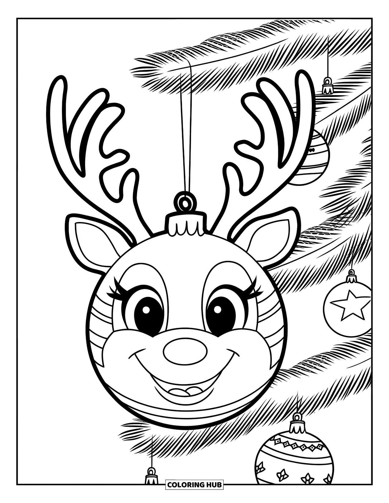 Christmas Ornaments Coloring Page for Kids: A reindeer ornament hanging on a decorated tree branch
