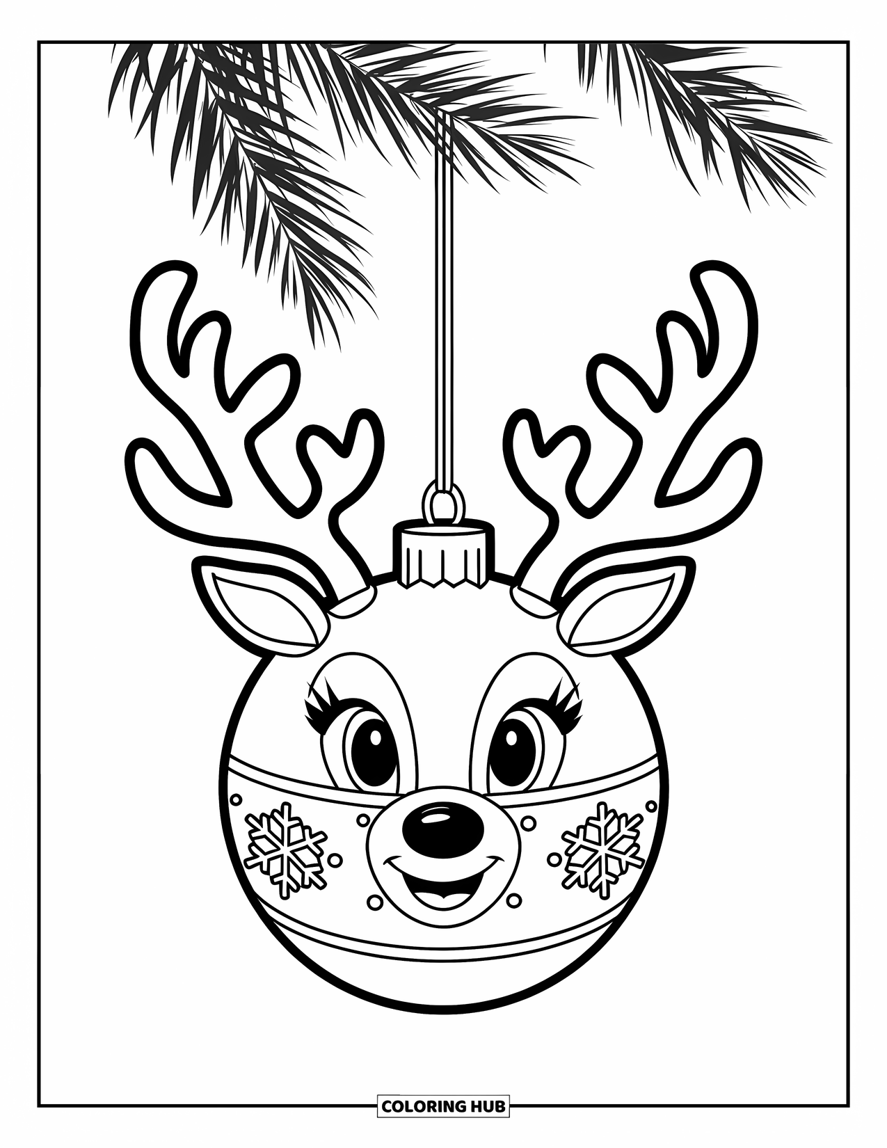 Christmas Ornaments Coloring Page for Kids: A reindeer ornament with bold antlers and a snowflake design