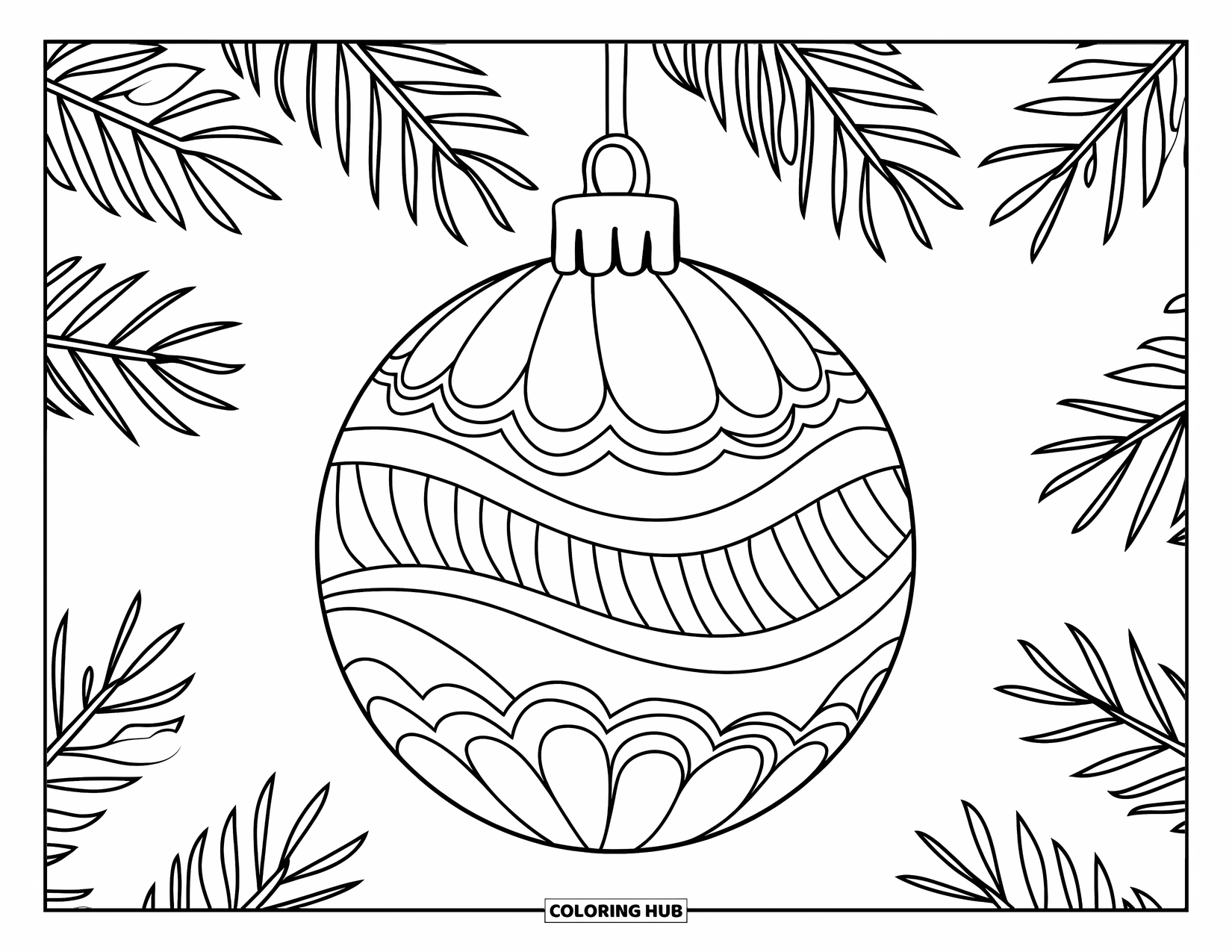 Christmas Ornaments Coloring Page for Kids: A round ornament with wave and stripe designs hanging from a branch