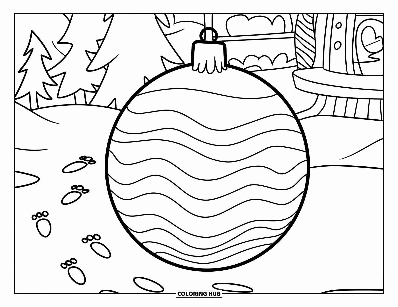 Christmas Ornaments Coloring Page for Kids: A round ornament with waves, stripes, and a snowy scene behind it