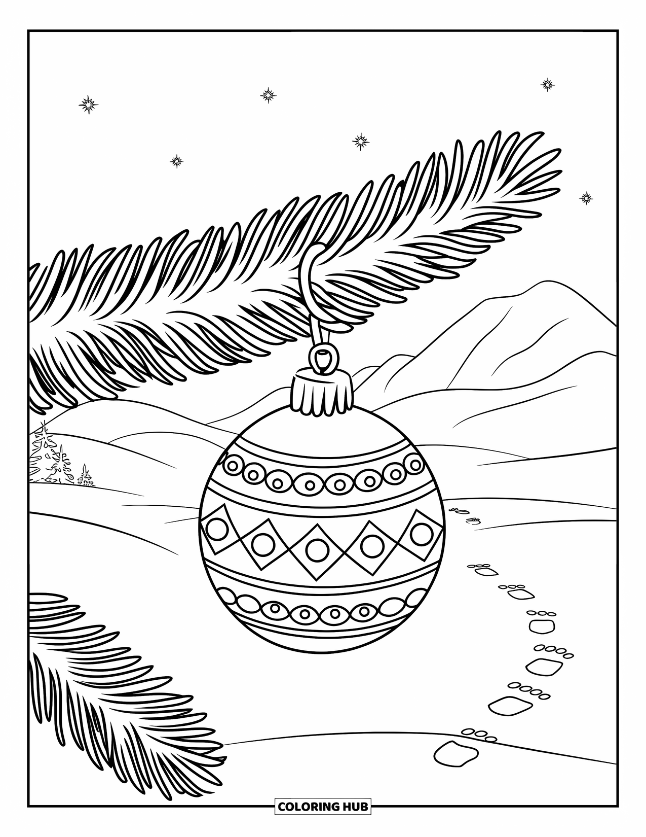 Christmas Ornaments Coloring Page for Kids: A single ornament hanging from a pine branch in a snowy scene