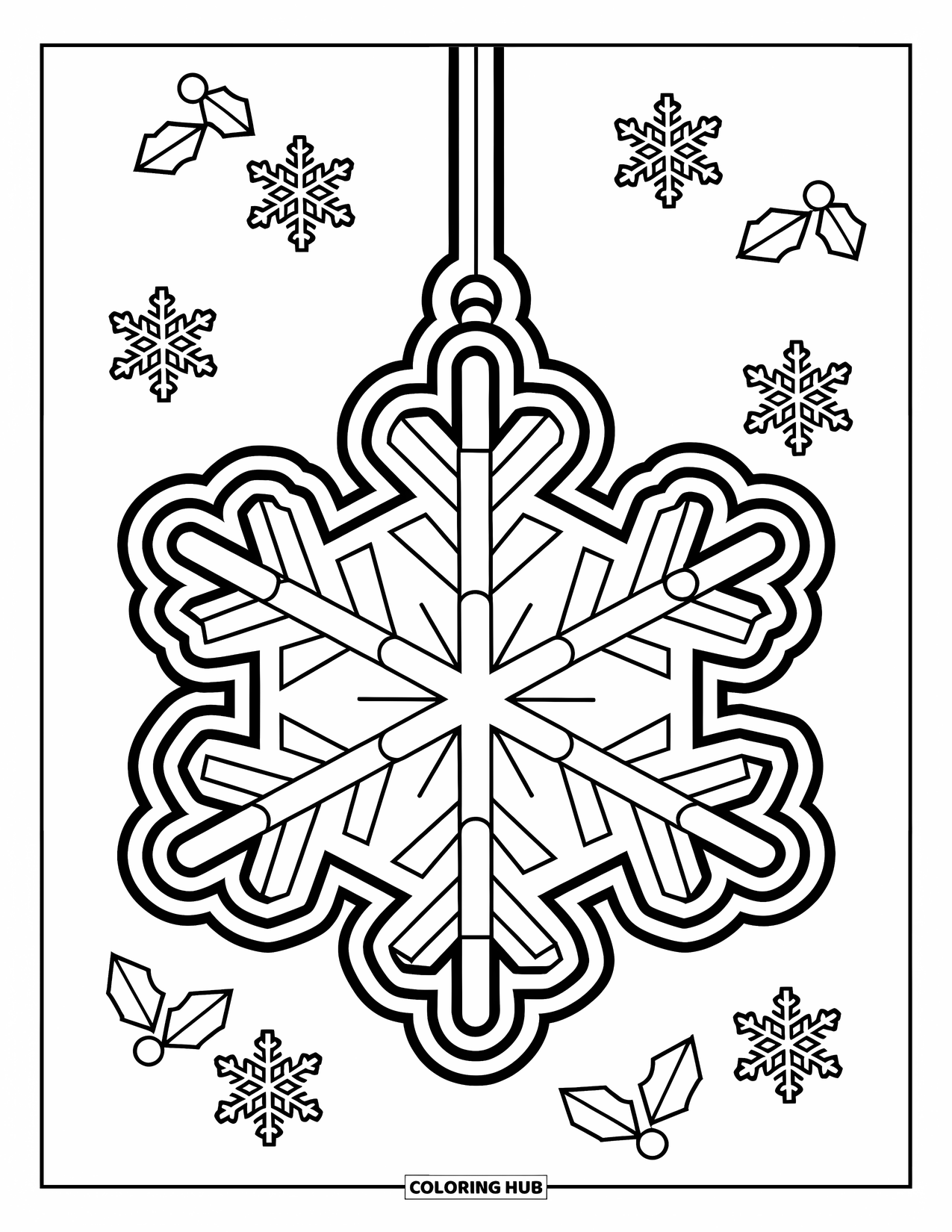 Christmas Ornaments Coloring Page for Kids: A snowflake ornament with six points surrounded by smaller snowflakes and holly