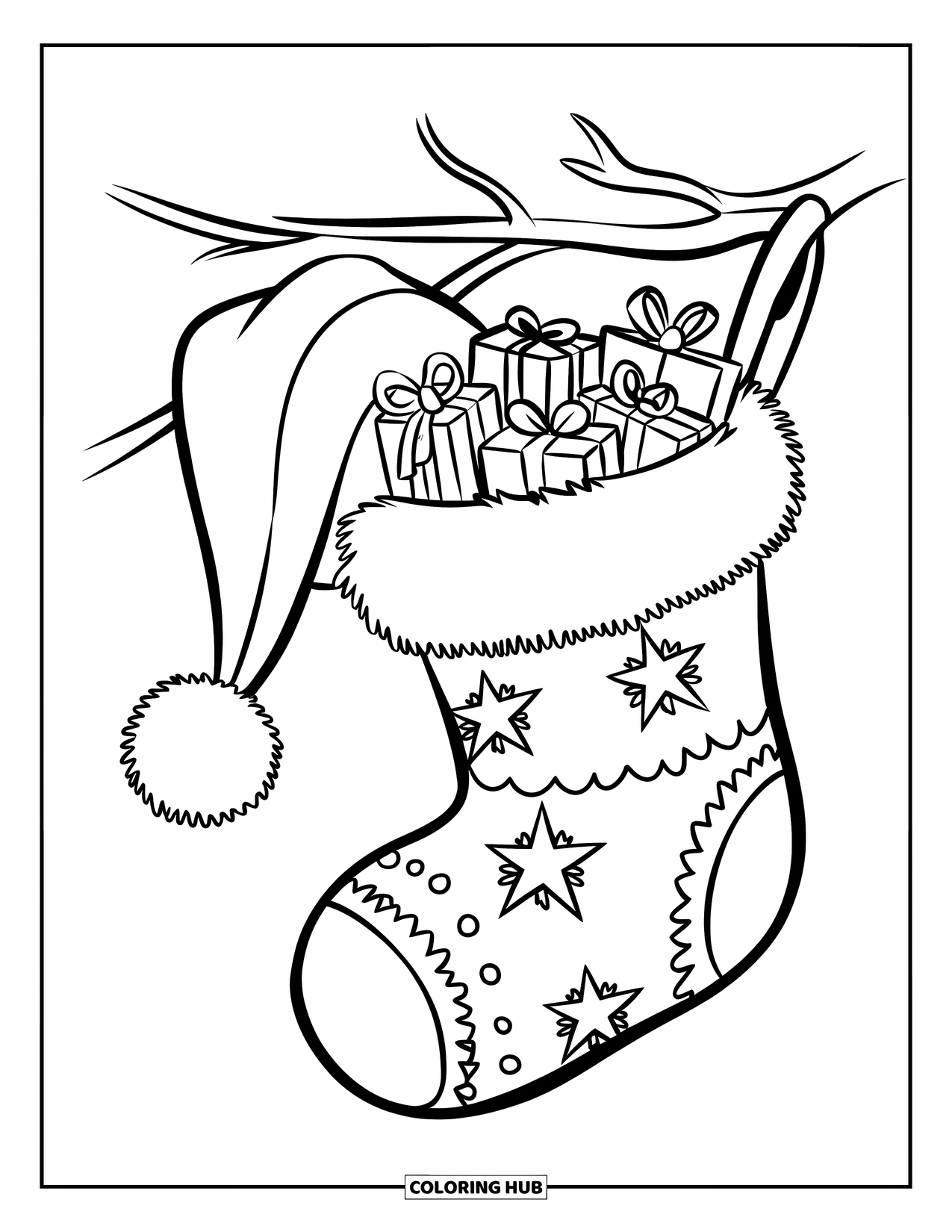 Christmas Ornaments Coloring Page for Kids: A stocking ornament filled with tiny wrapped gifts