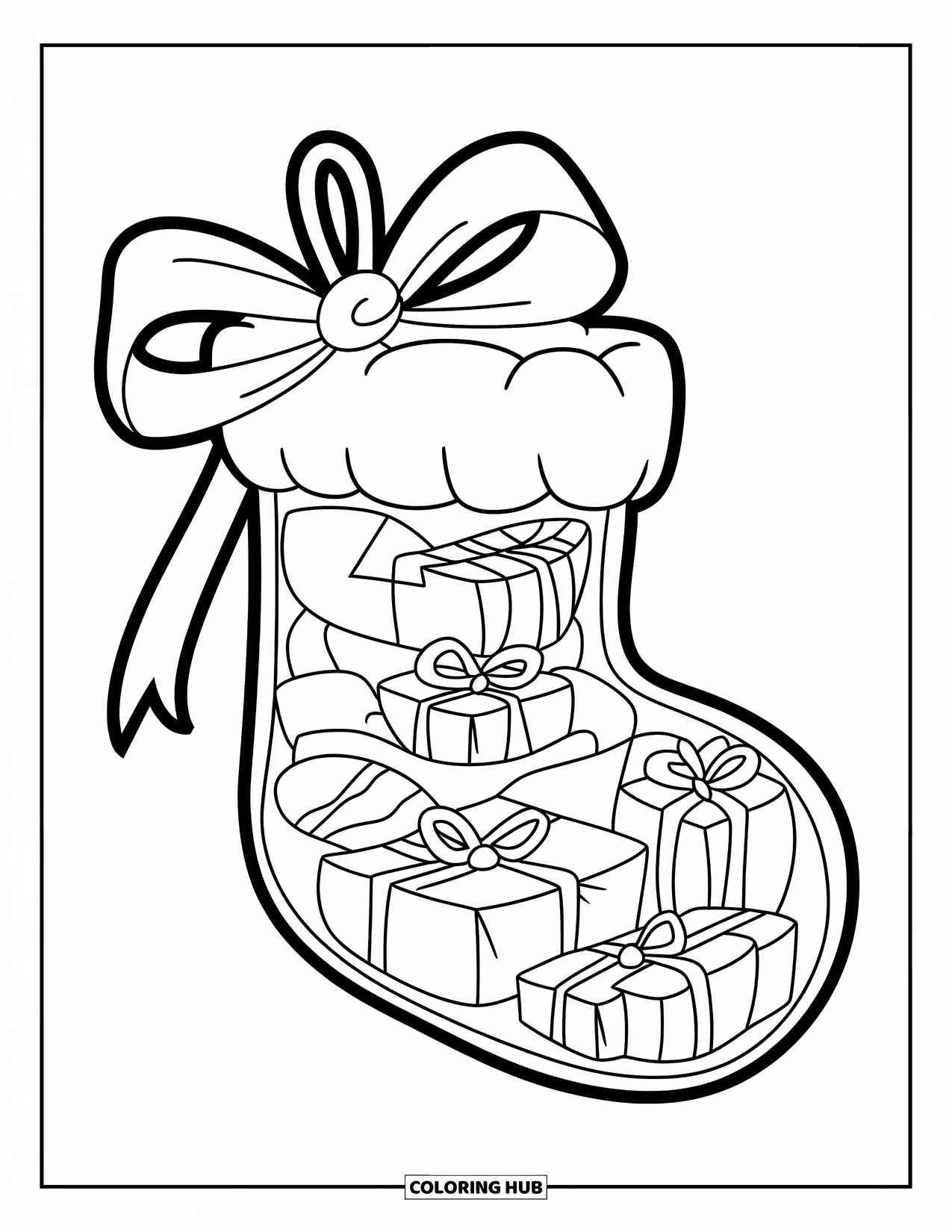 Christmas Ornaments Coloring Page for Kids: A stocking ornament tied with a ribbon and filled with small presents