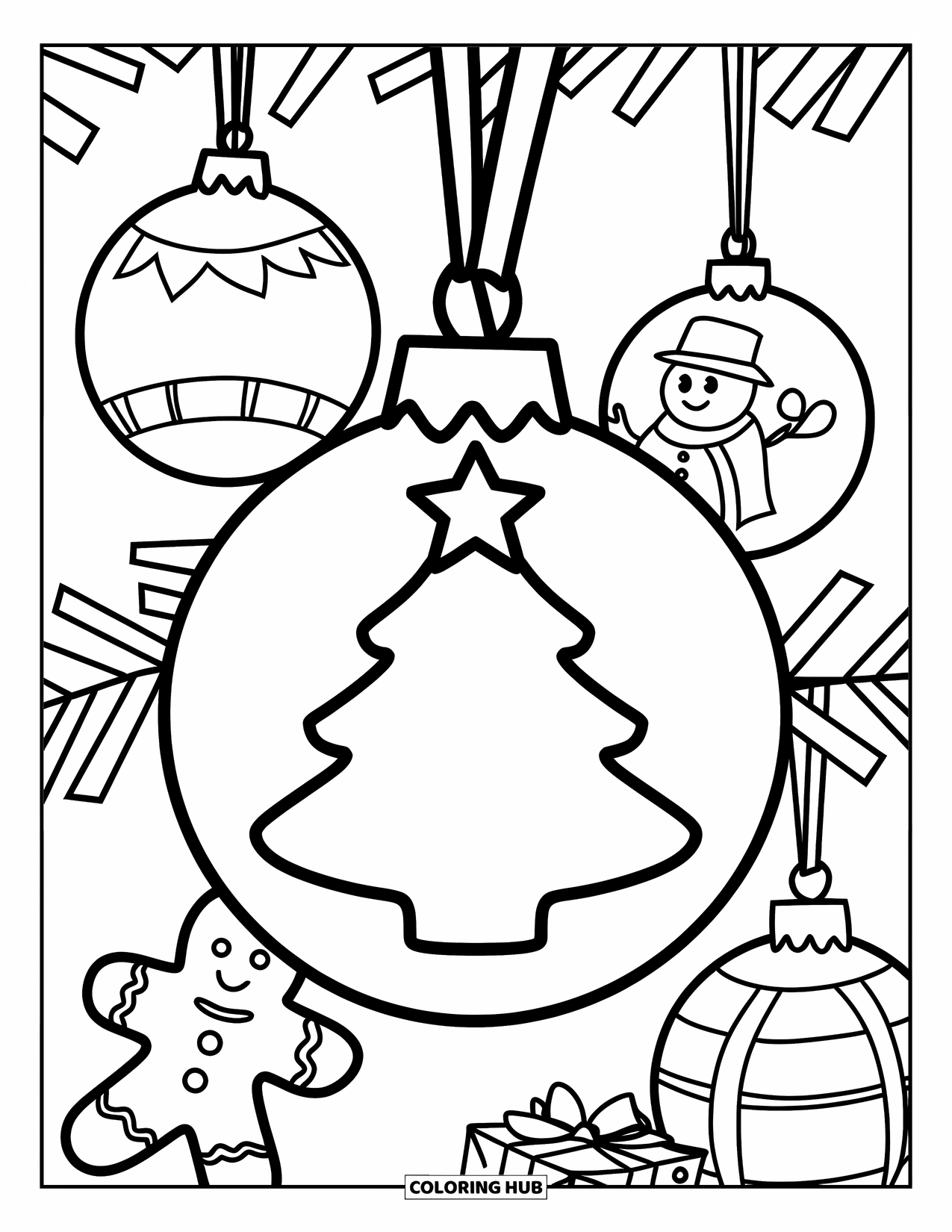 Christmas Ornaments Coloring Page for Kids: A tree ornament hanging with snowman and gingerbread decorations nearby