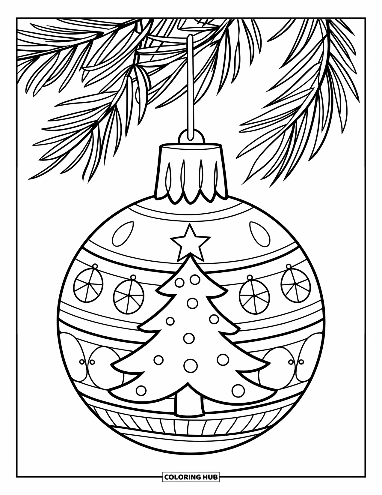Christmas Ornaments Coloring Page for Kids: A tree-shaped ornament with a star on top