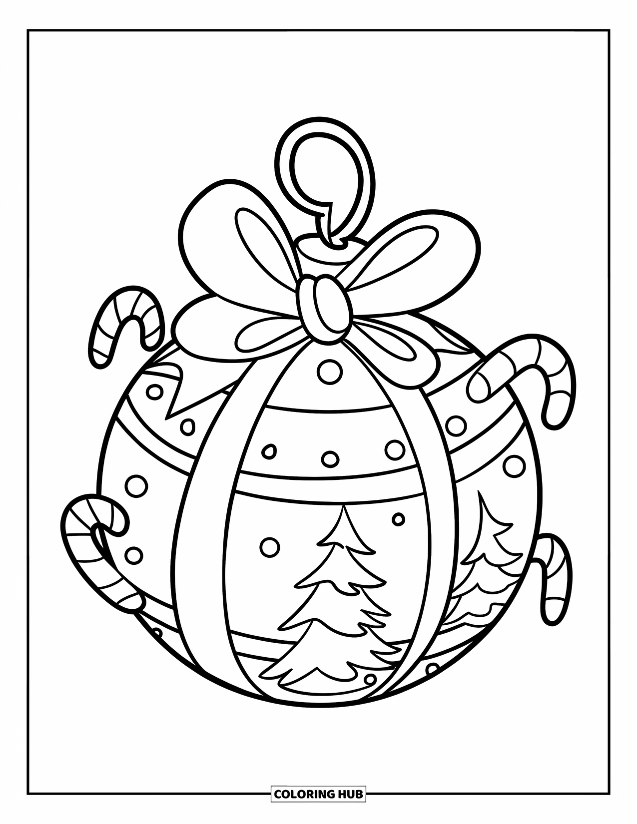 Christmas Ornaments Coloring Page for Kids: A wrapped gift ornament surrounded by a tree and candy canes